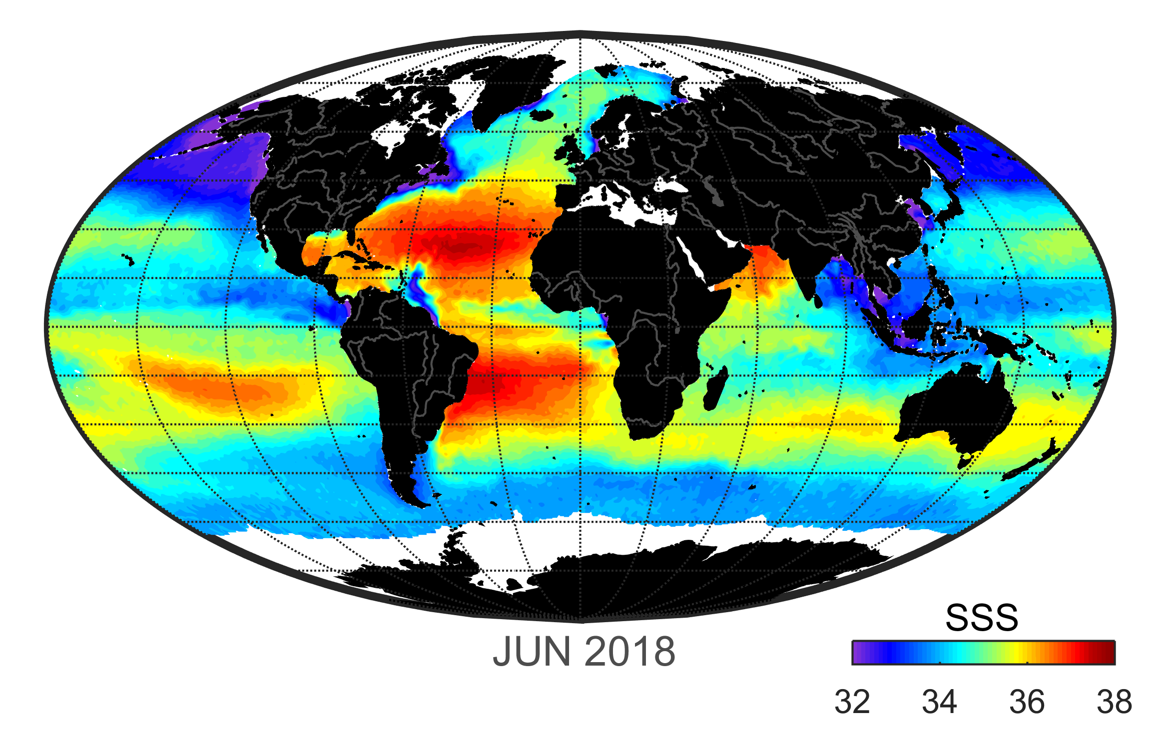 Global map of monthly sea surface salinity data, June 2018