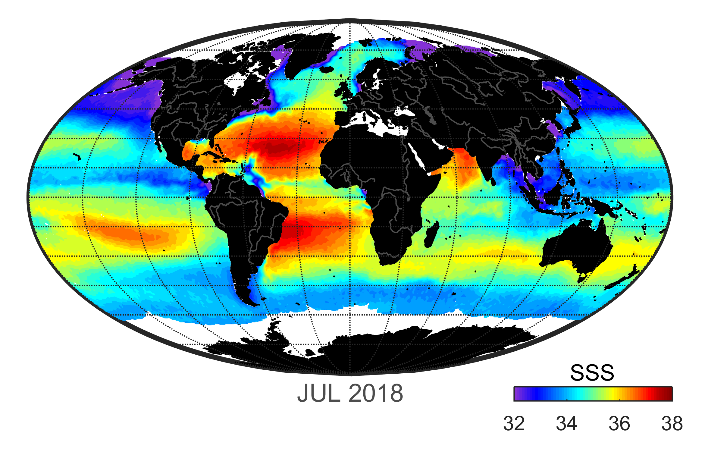 Global map of monthly sea surface salinity, July 2018.