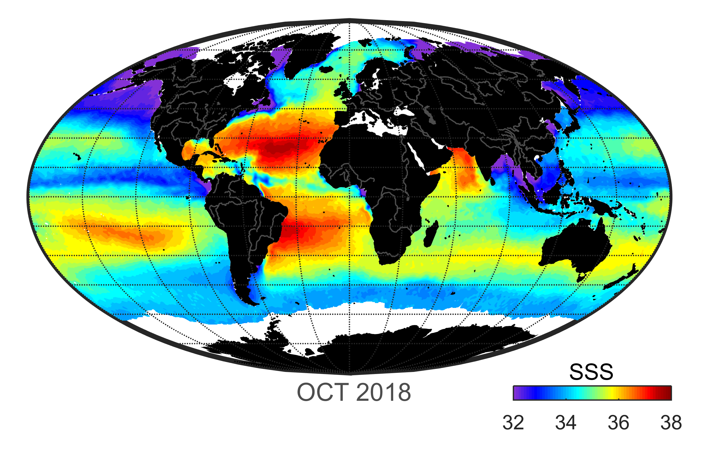 Global map of monthly sea surface salinity, October 2018.