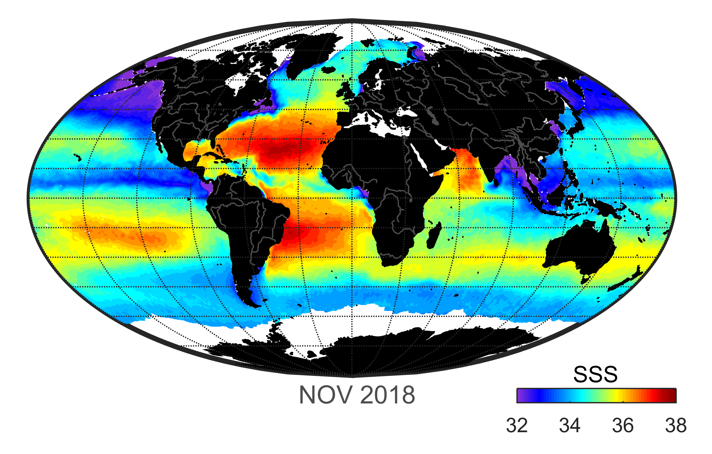 Global map of monthly sea surface salinity data, November 2018