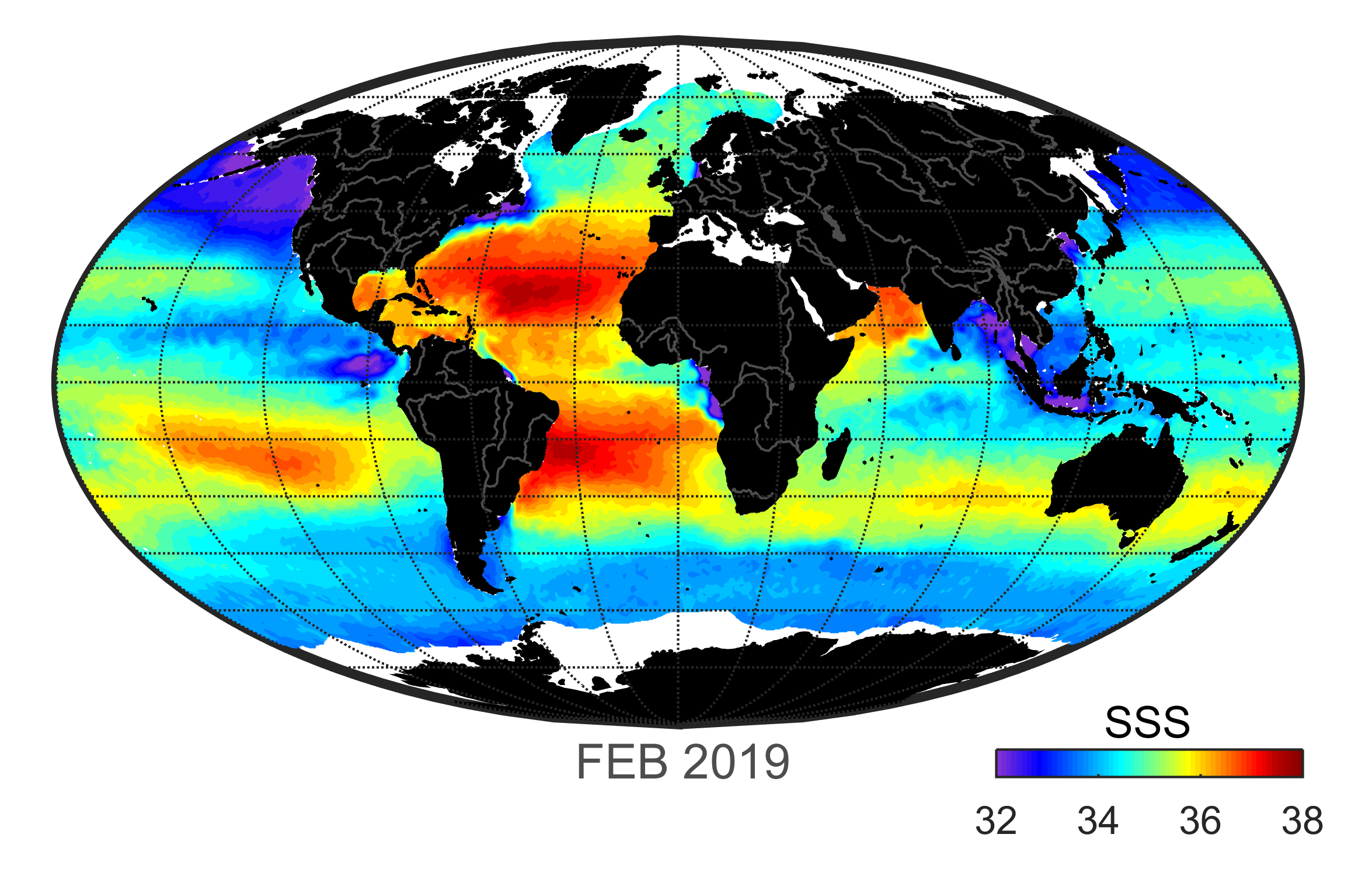 Global map of monthly sea surface salinity, February 2019.
