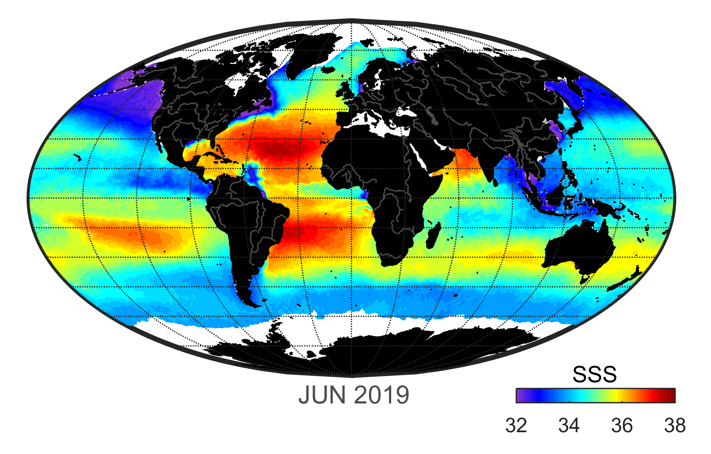 Global map of monthly sea surface salinity, June 2019.