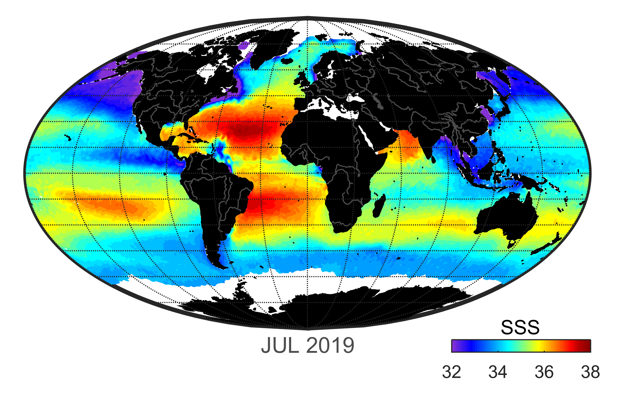 Global map of monthly sea surface salinity, July 2019.