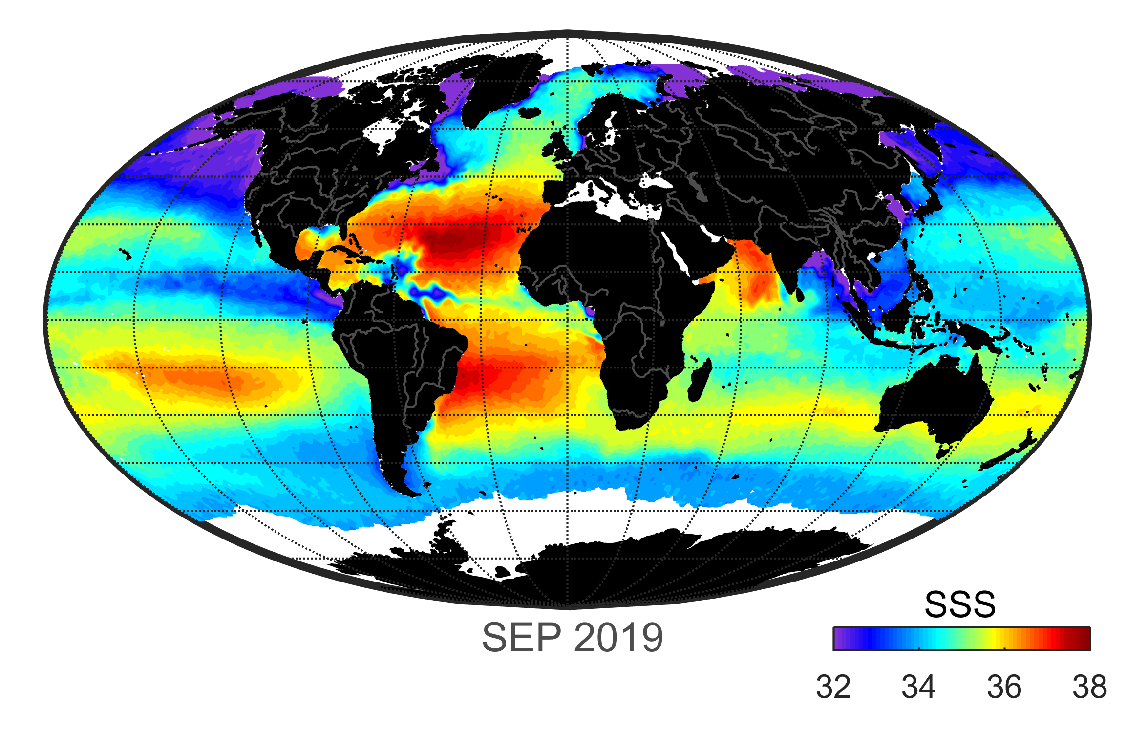 Global map of monthly sea surface salinity data, September 2019