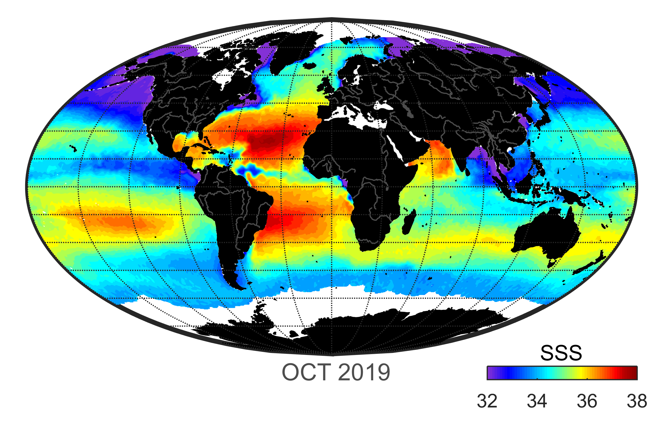 Global map of monthly sea surface salinity, October 2019.