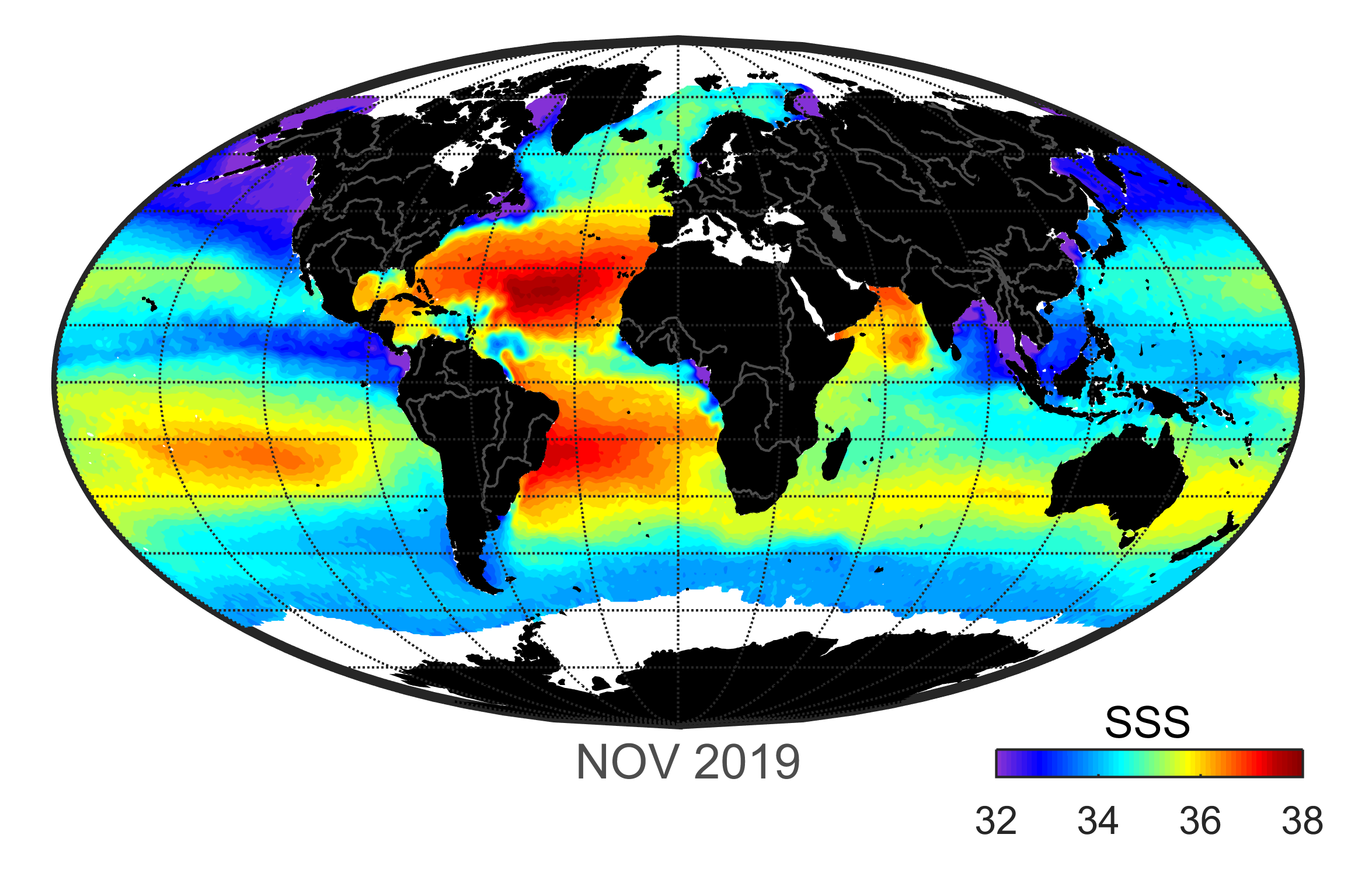Global map of monthly sea surface salinity, November 2019.