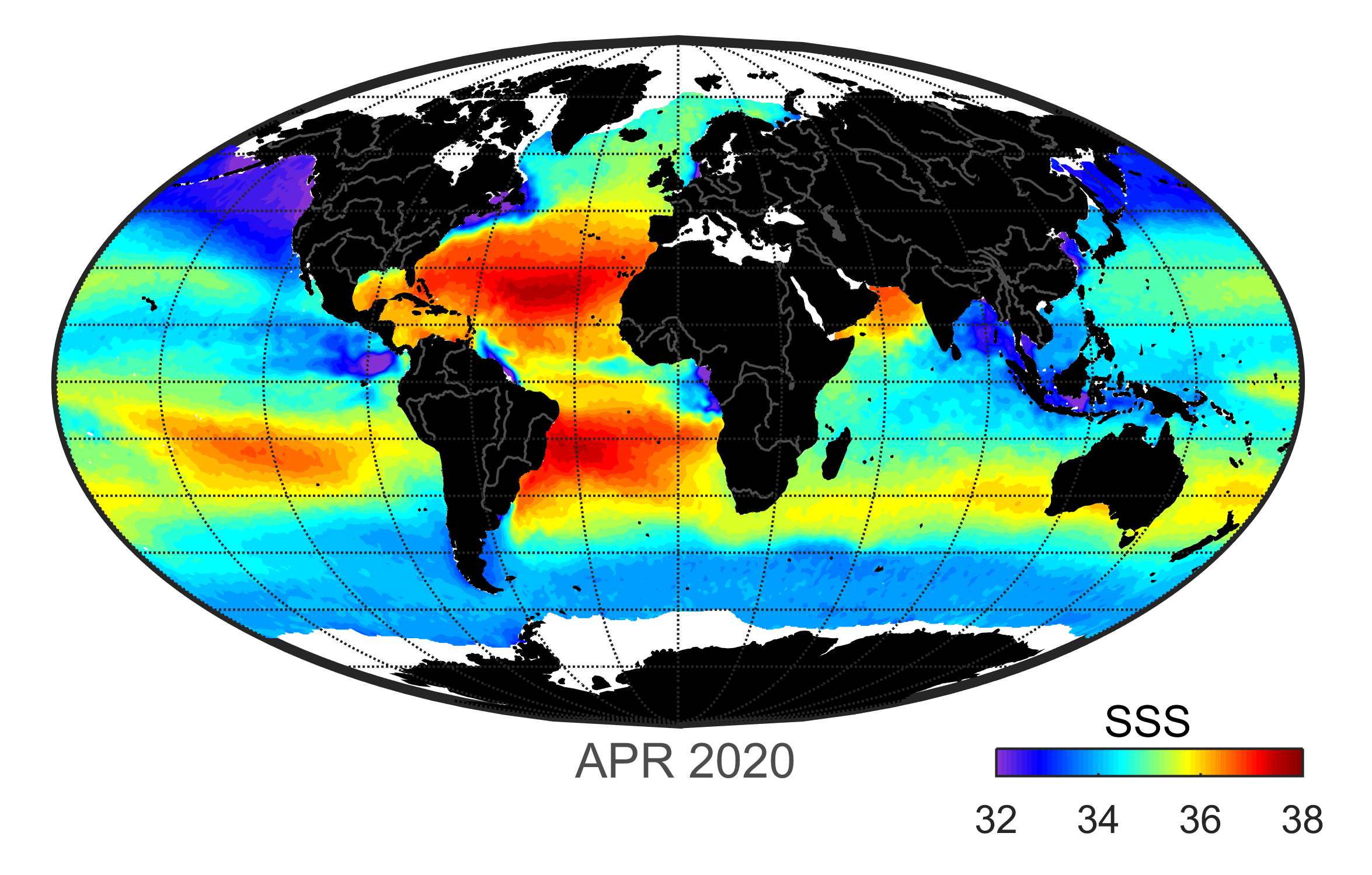 Global map of monthly sea surface salinity data, April 2020