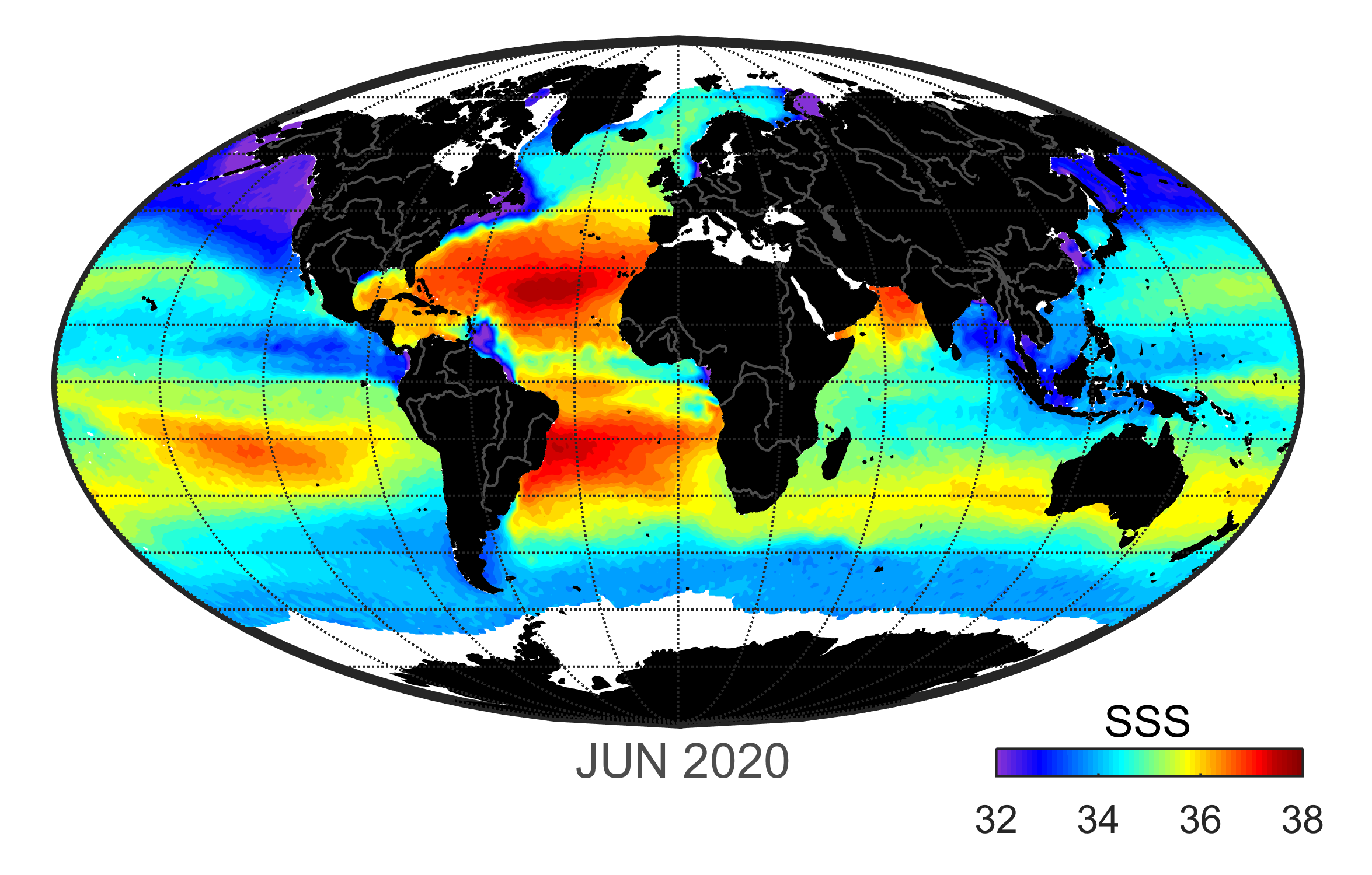 Global map of monthly sea surface salinity data, June 2020
