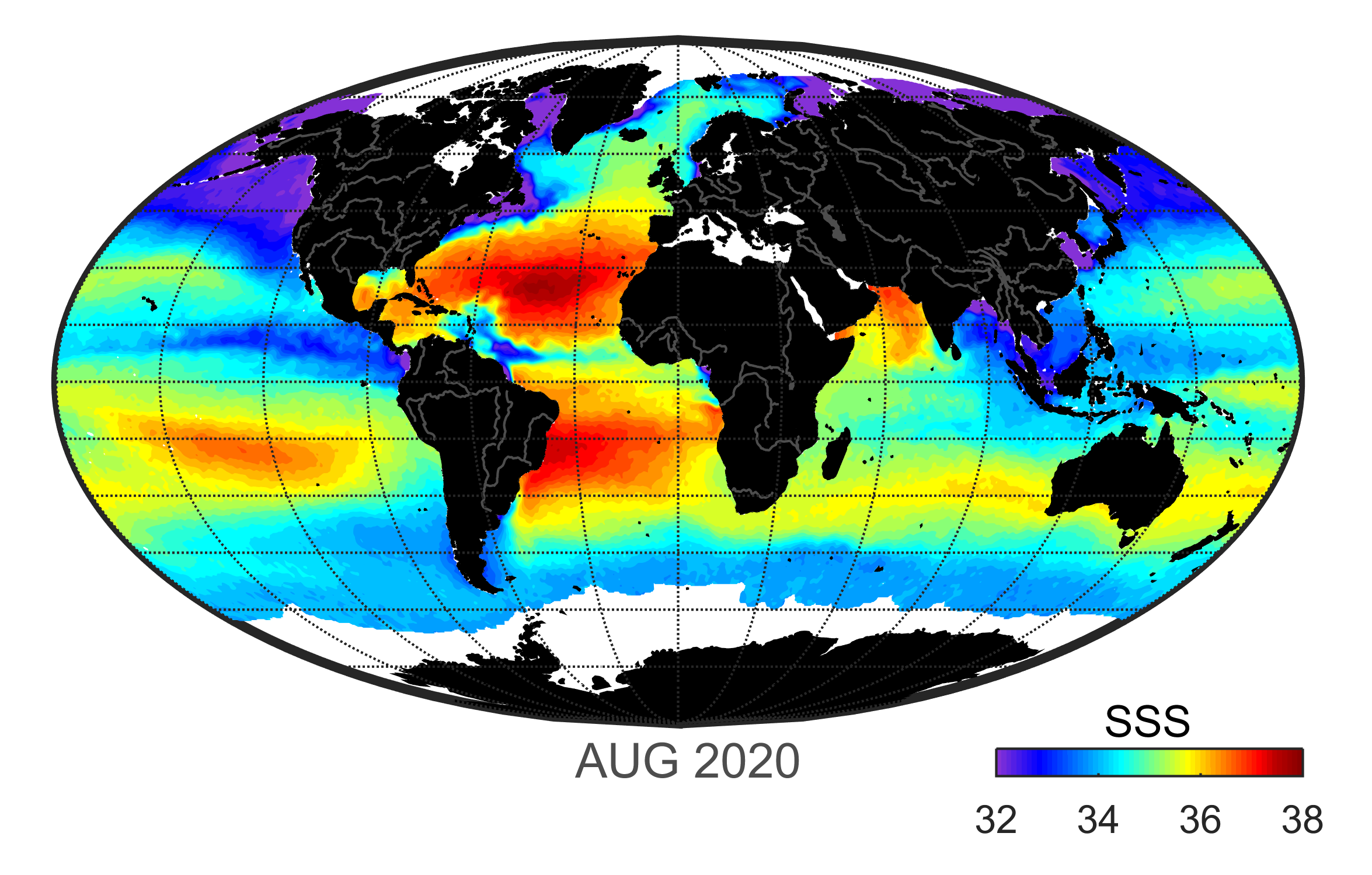 Global map of monthly sea surface salinity, August 2020.