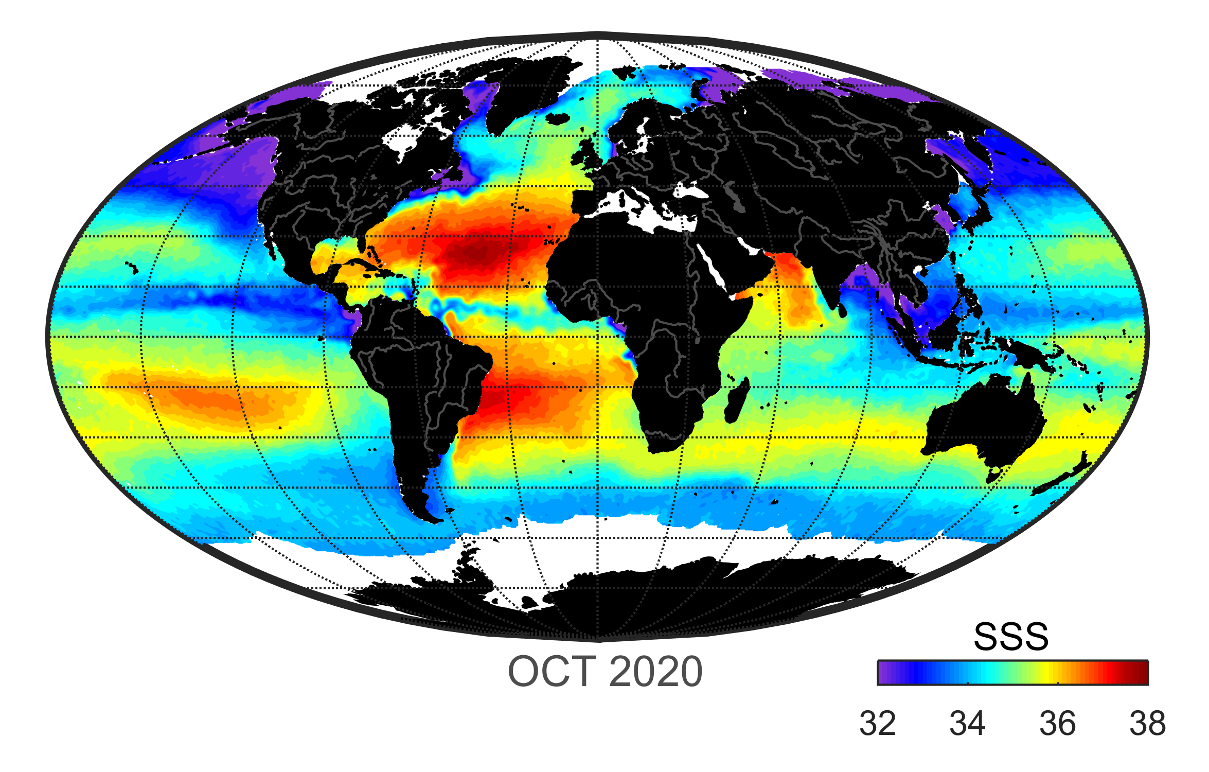 Global map of monthly sea surface salinity, October 2020.