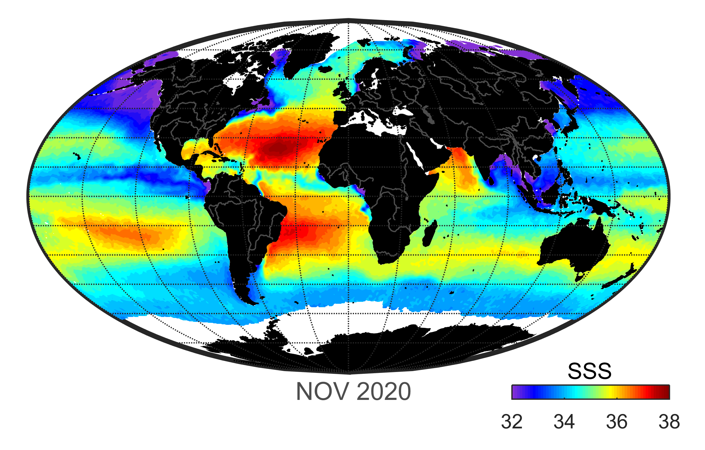 Global map of monthly sea surface salinity, November 2020.