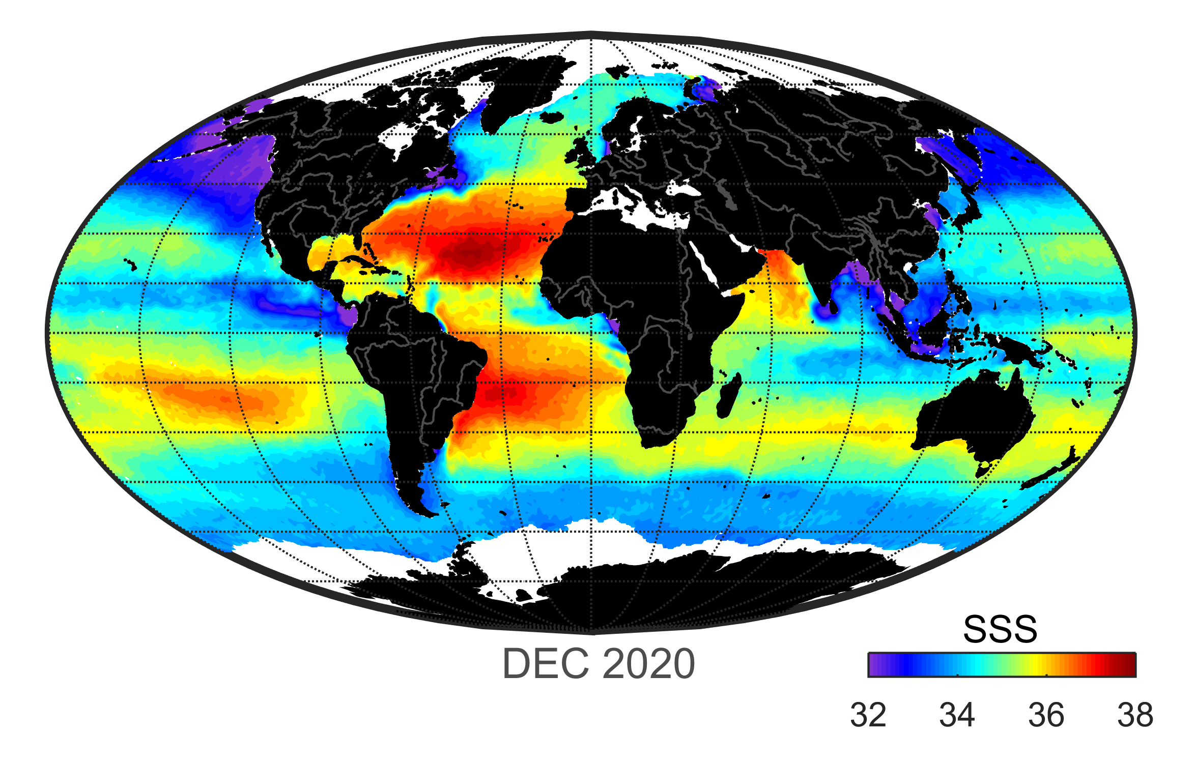 Global map of monthly sea surface salinity, December 2020.