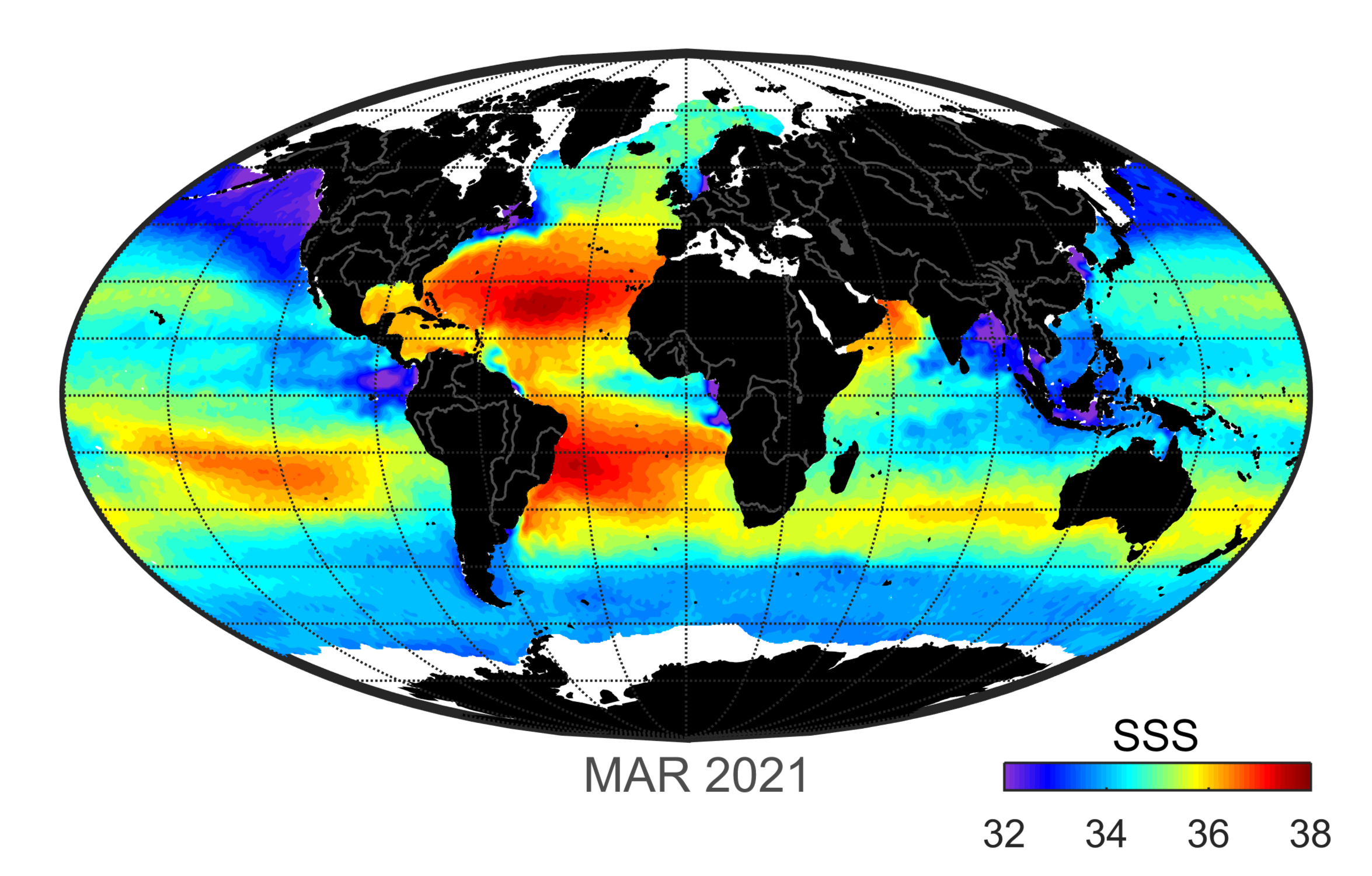 Global map of monthly sea surface salinity, March 2021.