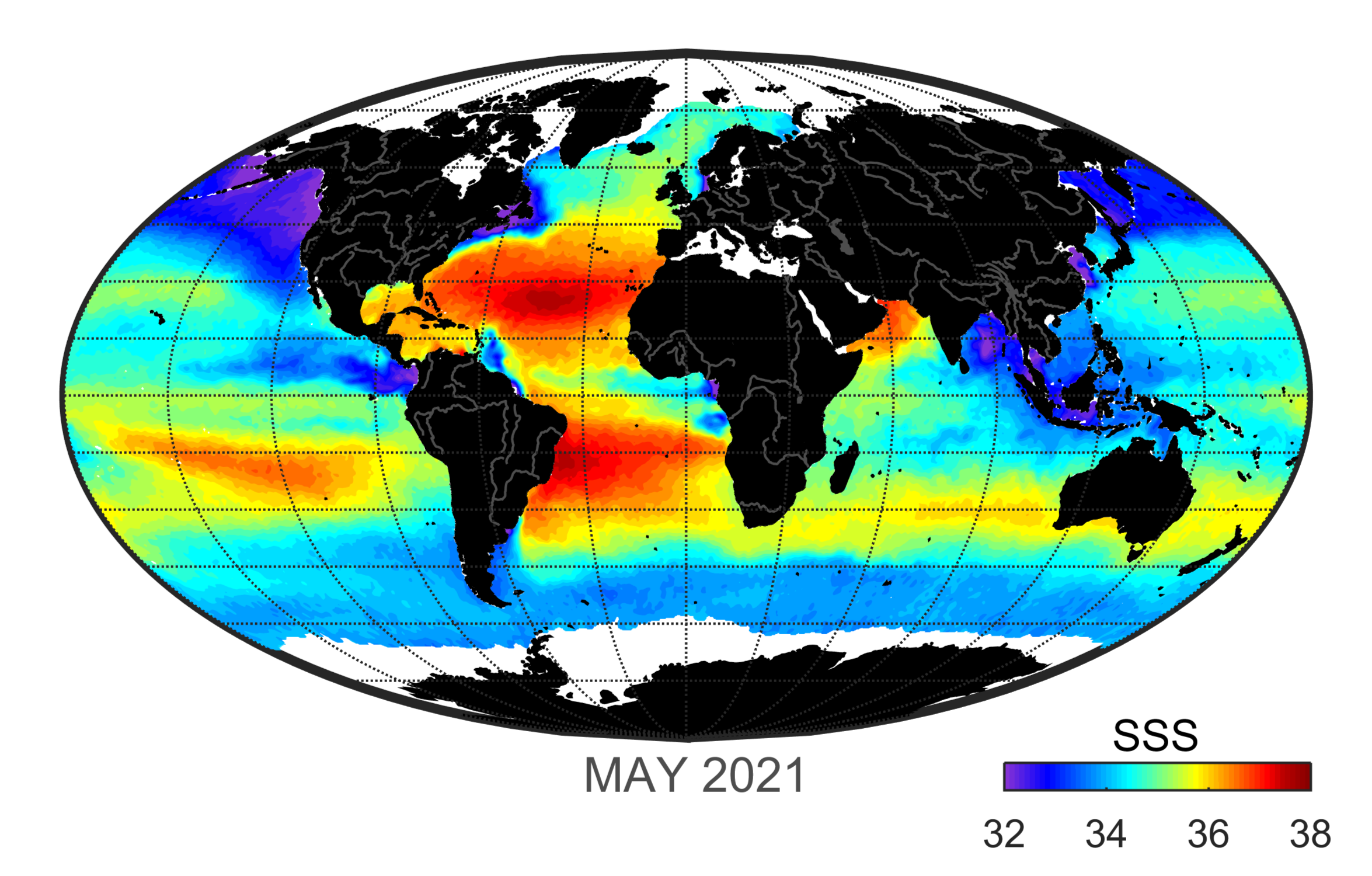 Global map of monthly sea surface salinity, May 2021.