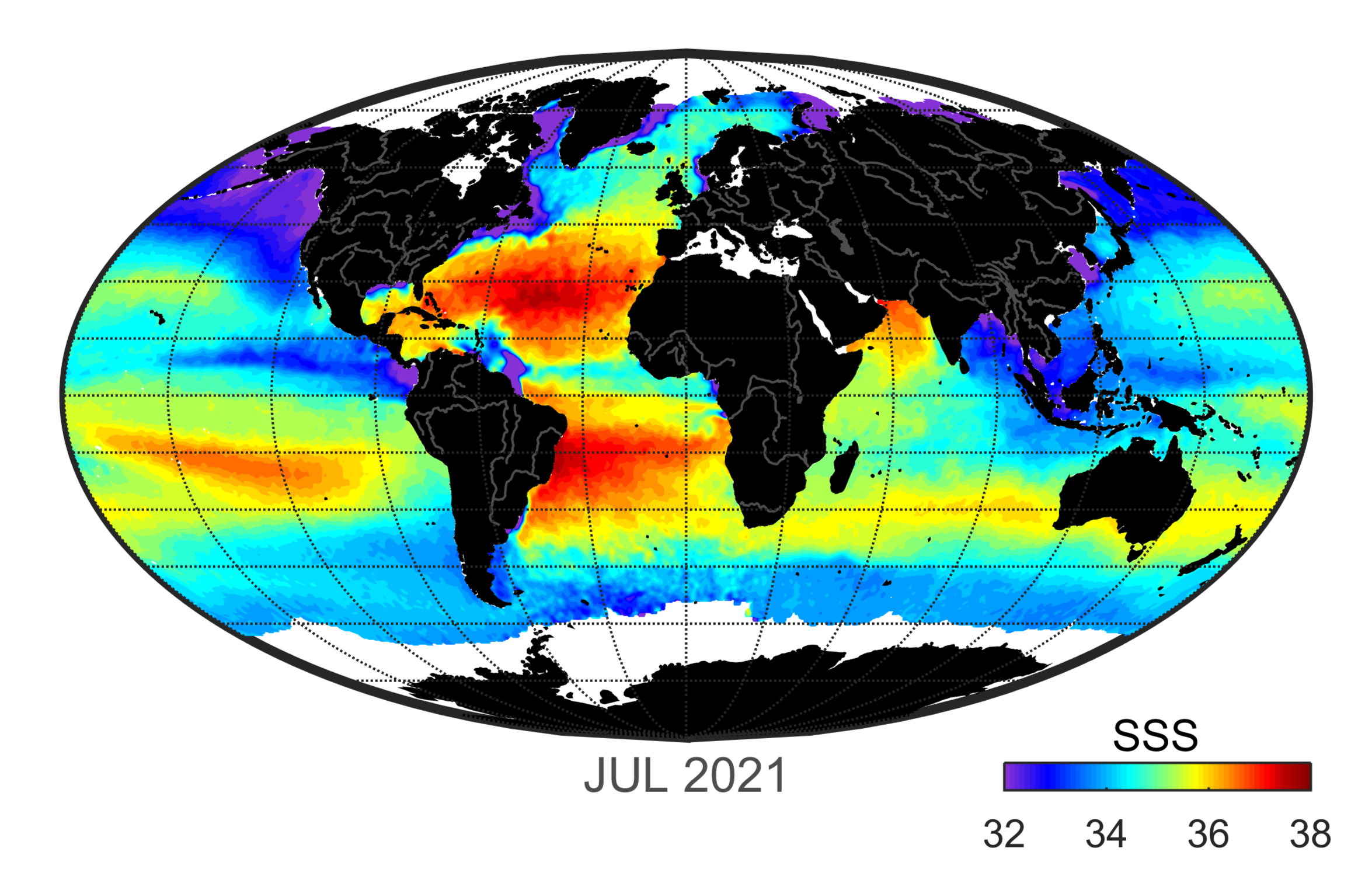 Global map of monthly sea surface salinity, July 2021.