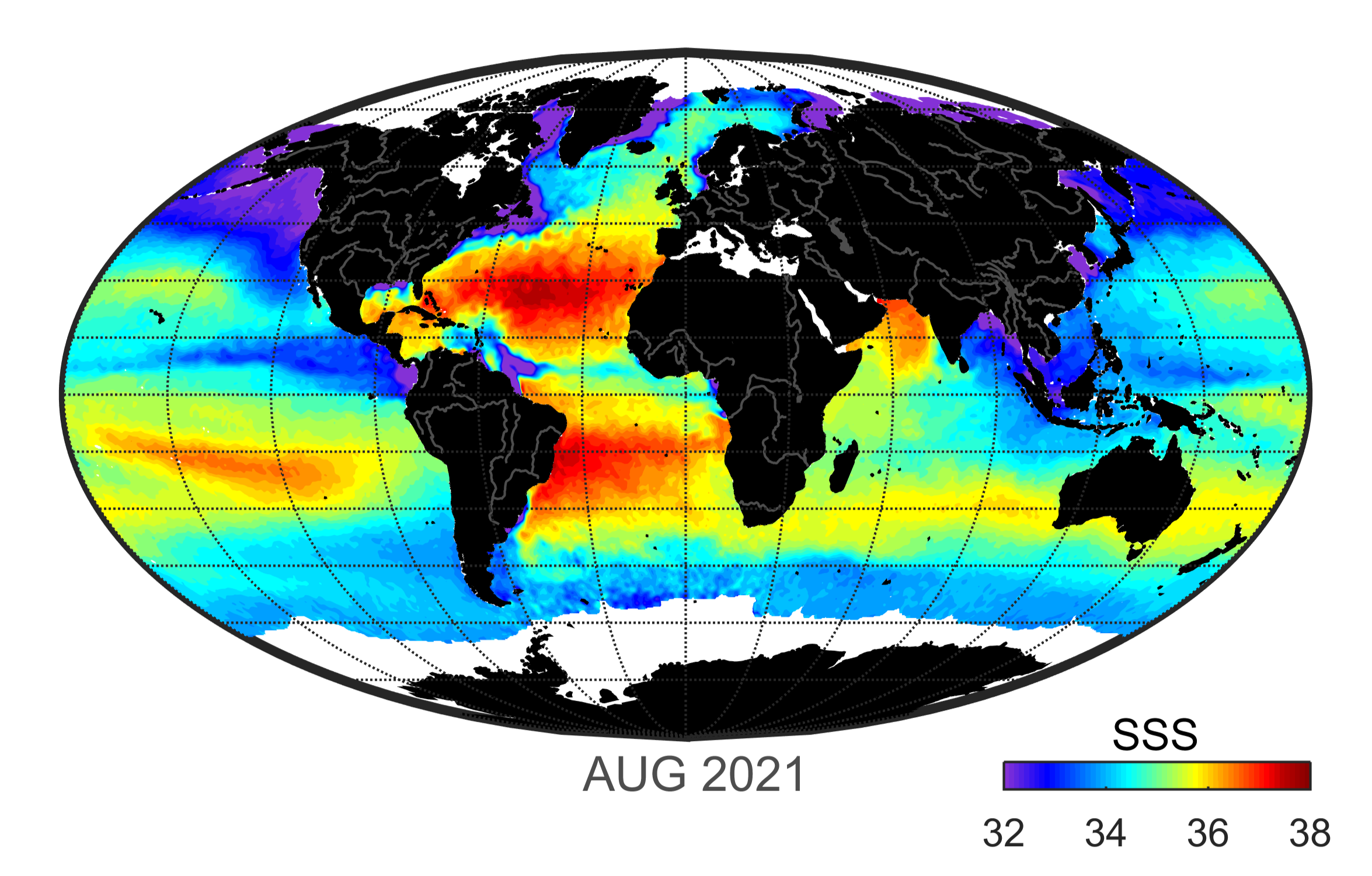 Global map of monthly sea surface salinity, August 2021.