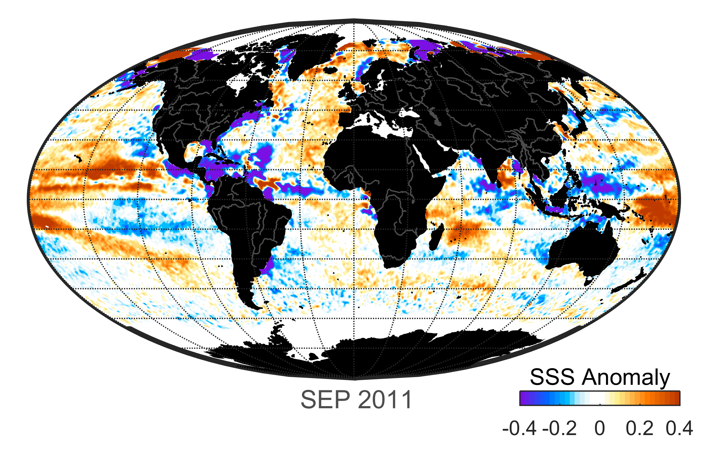 Global map of monthly sea surface salinity, September 2011.