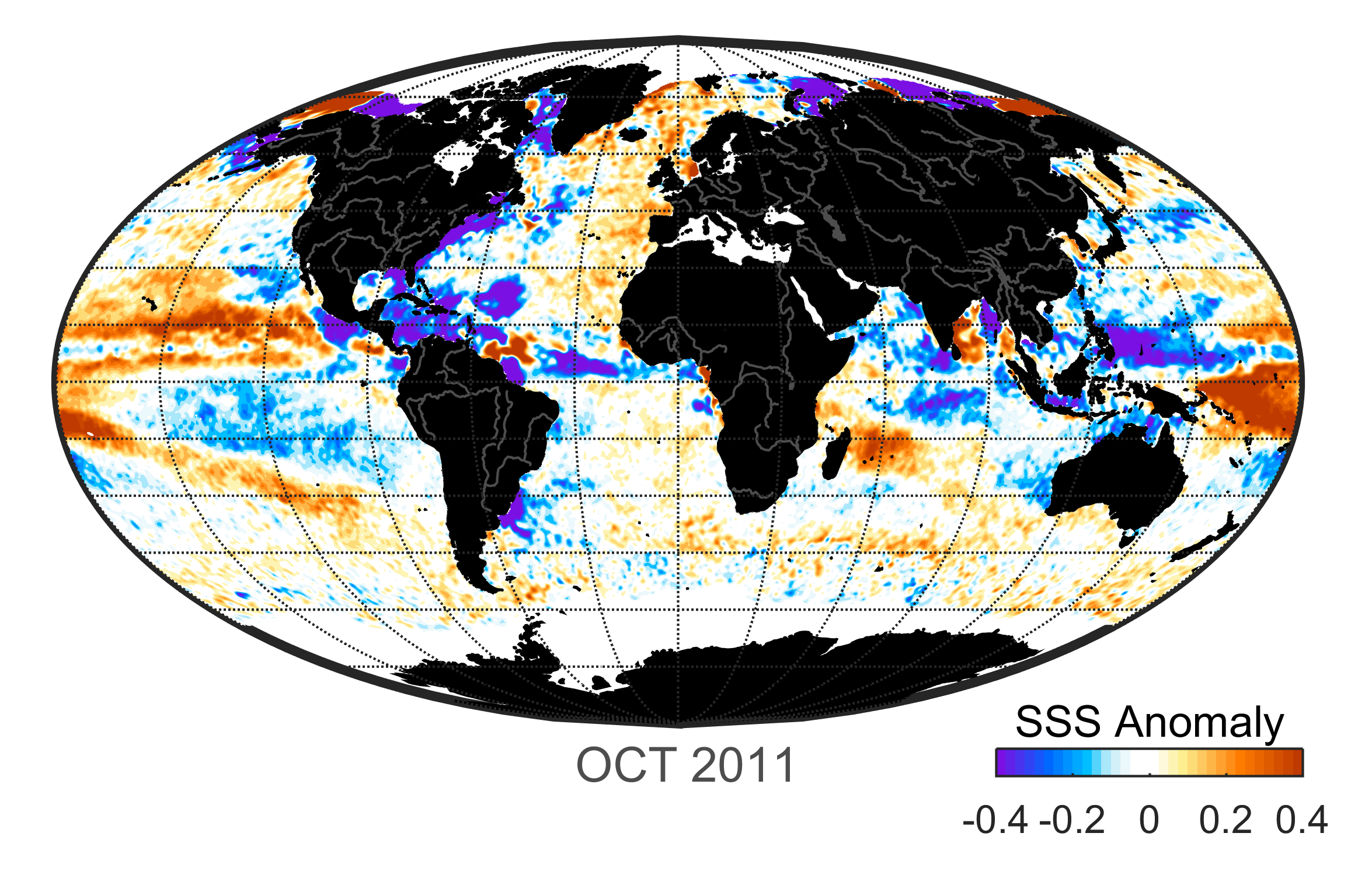 Global map of monthly sea surface salinity, October 2011.