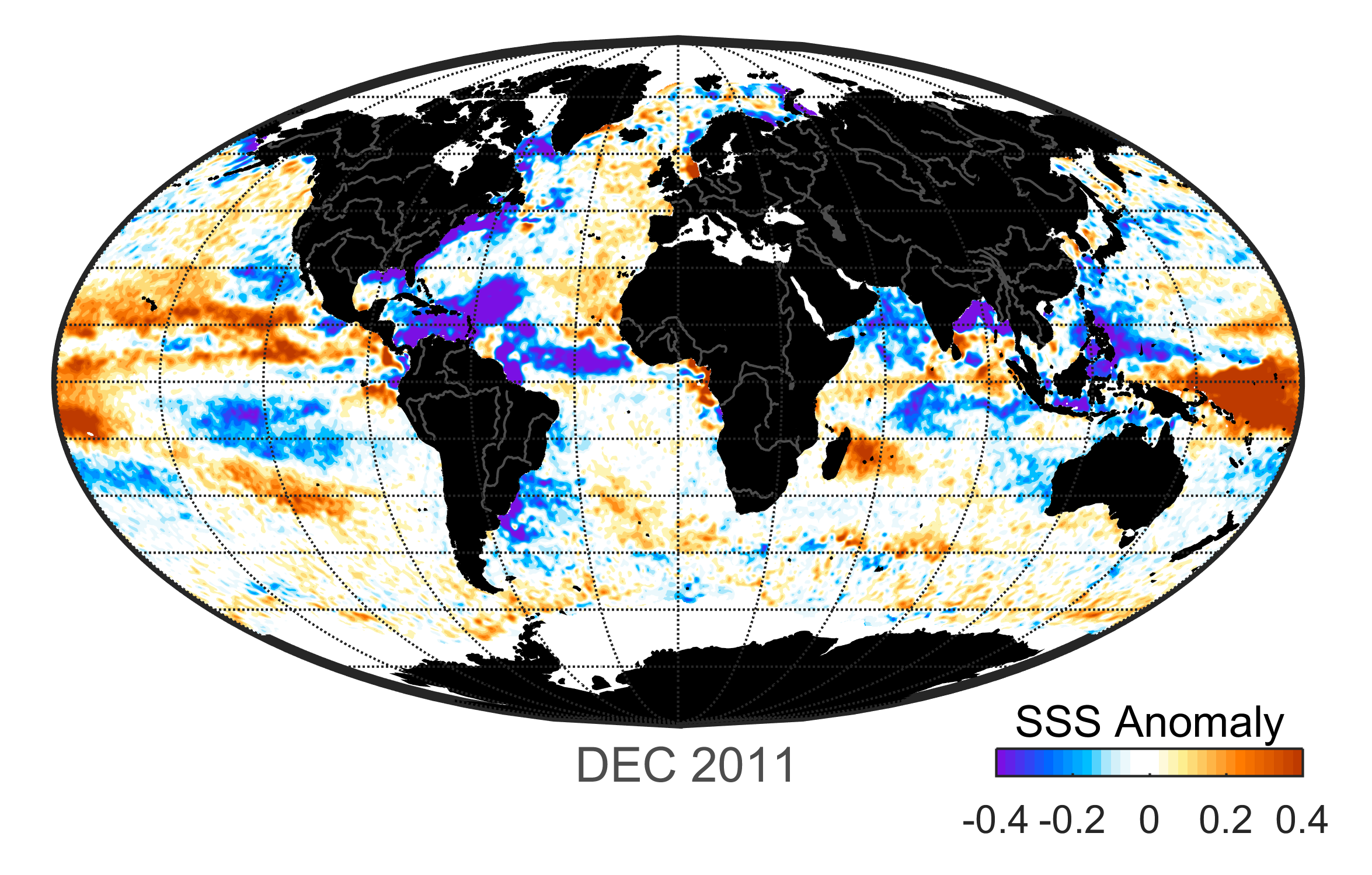 Global map of monthly sea surface salinity anomaly data, December 2011
