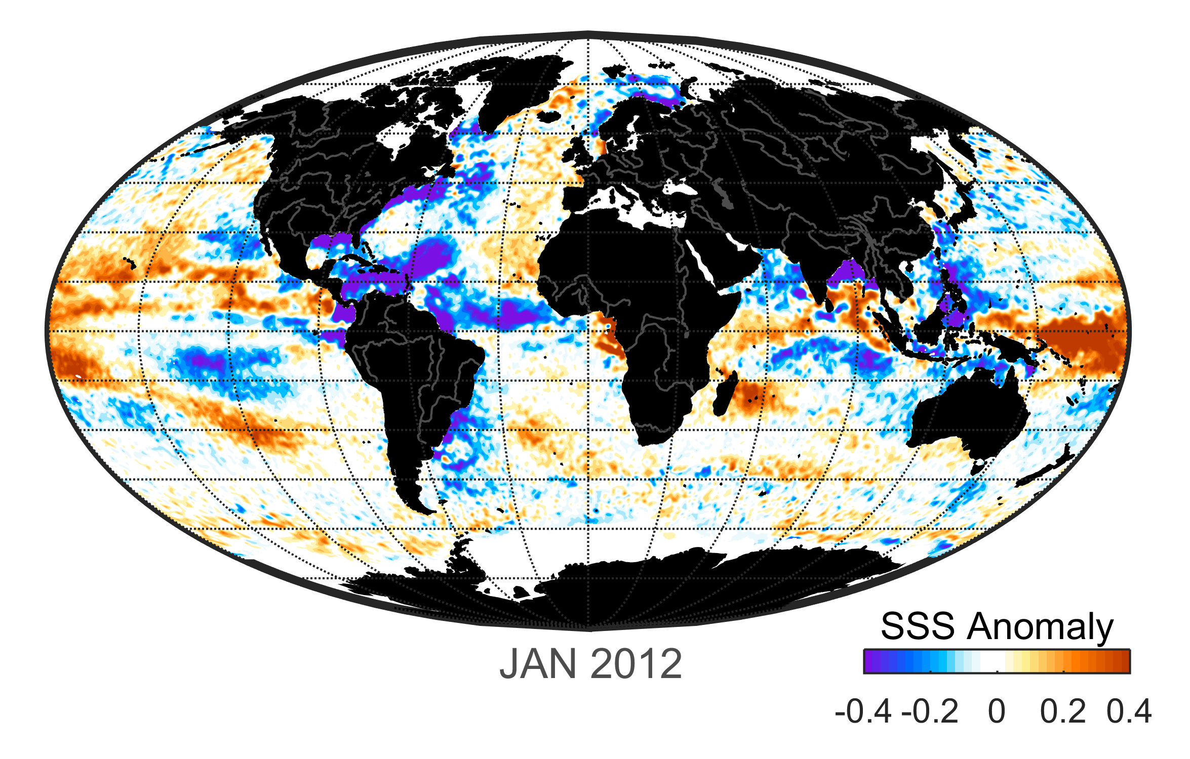 Global map of monthly sea surface salinity, January 2012.