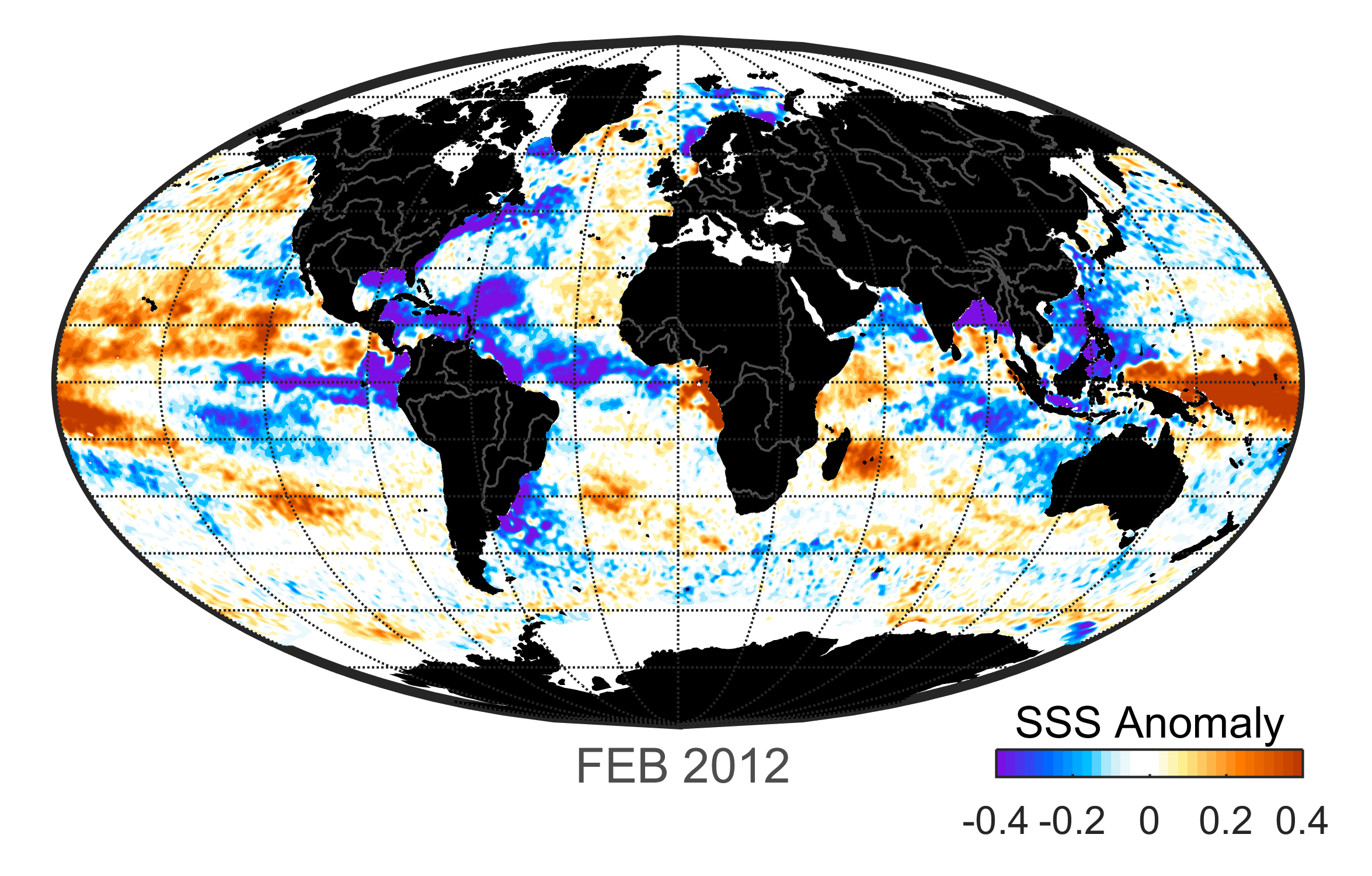 Global map of monthly sea surface salinity, February 2012.