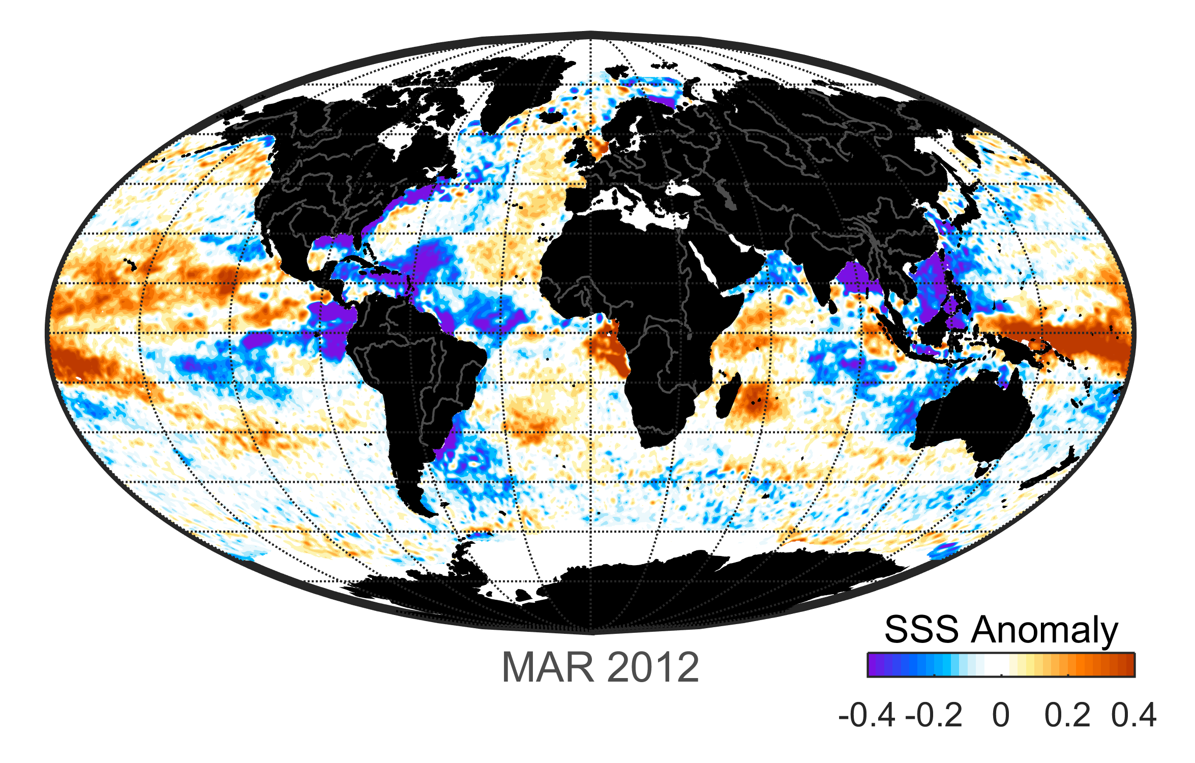 Global map of monthly sea surface salinity, March 2012.