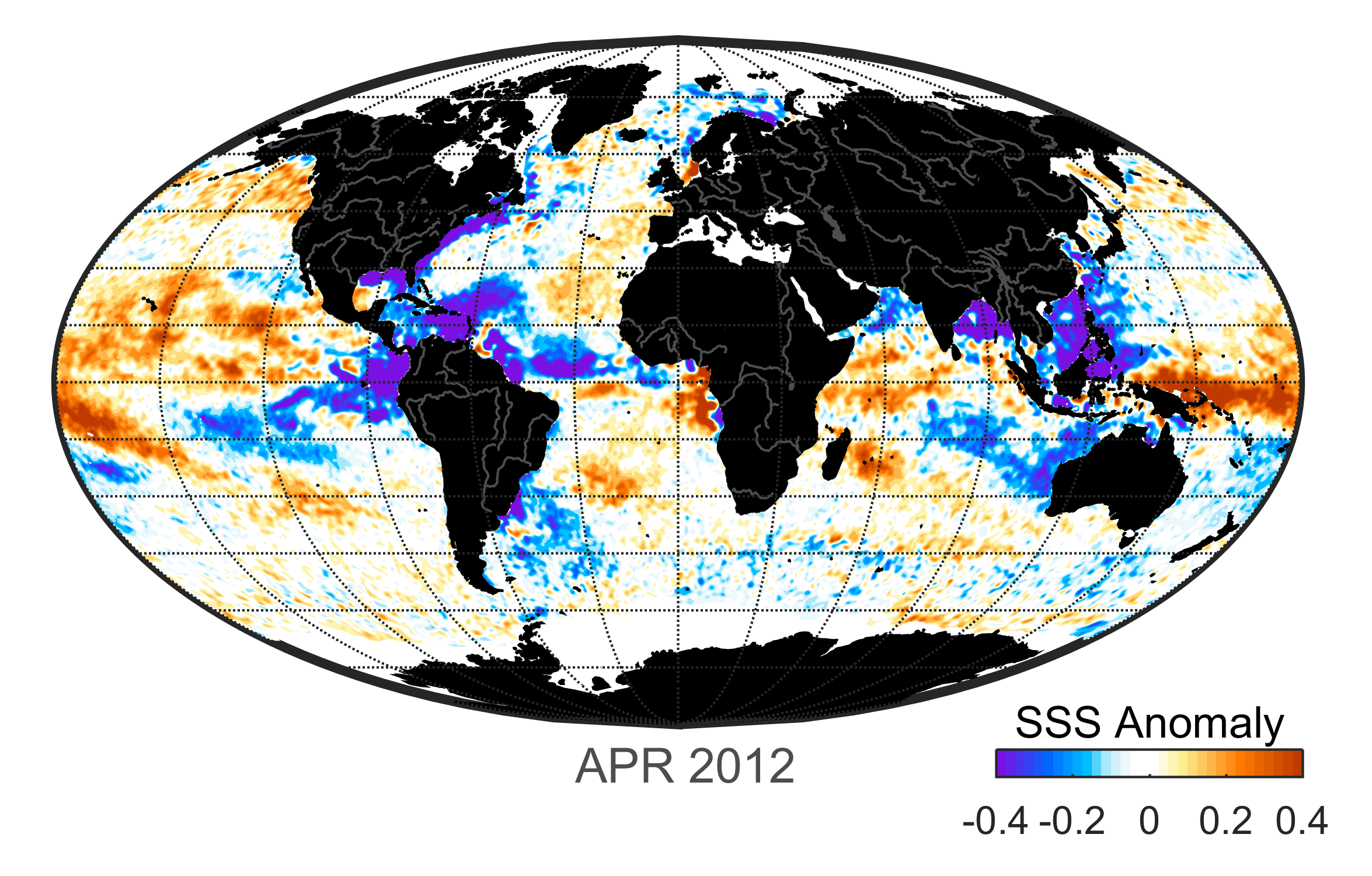 Global map of monthly sea surface salinity, April 2012.