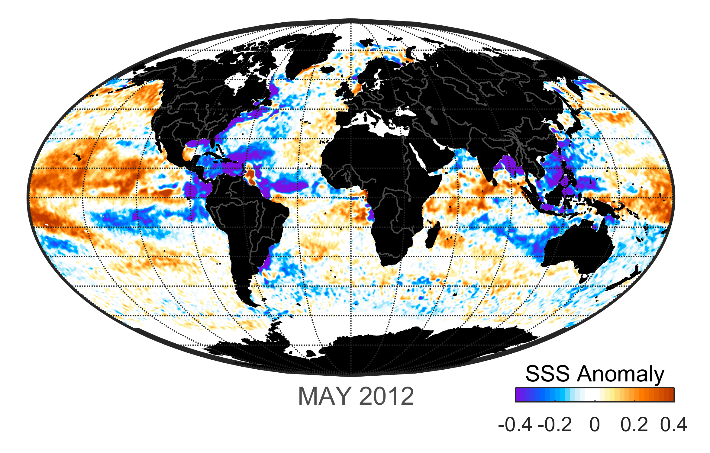 Global map of monthly sea surface salinity, May 2012.