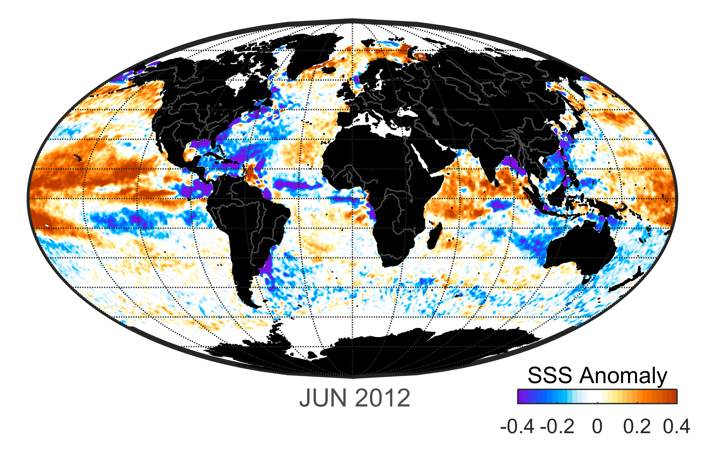 Global map of monthly sea surface salinity anomaly data, June 2012