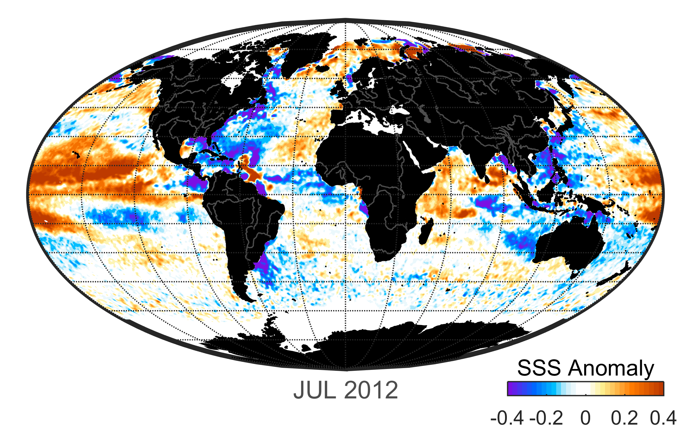 Global map of monthly sea surface salinity, July 2012.
