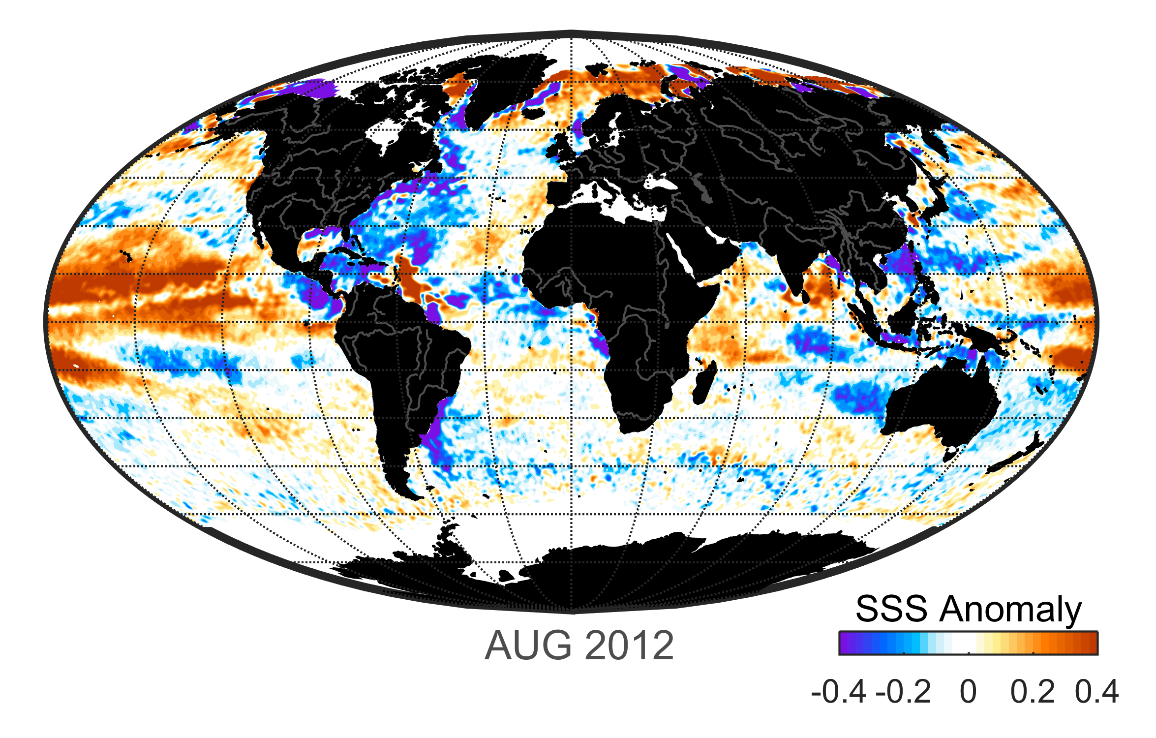 Global map of monthly sea surface salinity, August 2012.