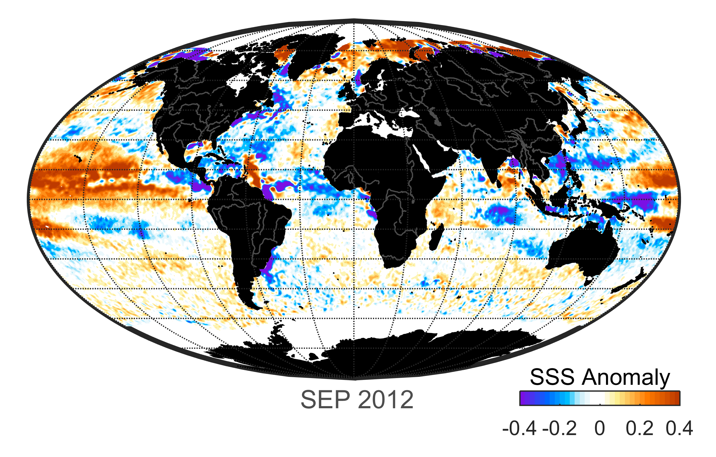 Global map of monthly sea surface salinity, September 2012.