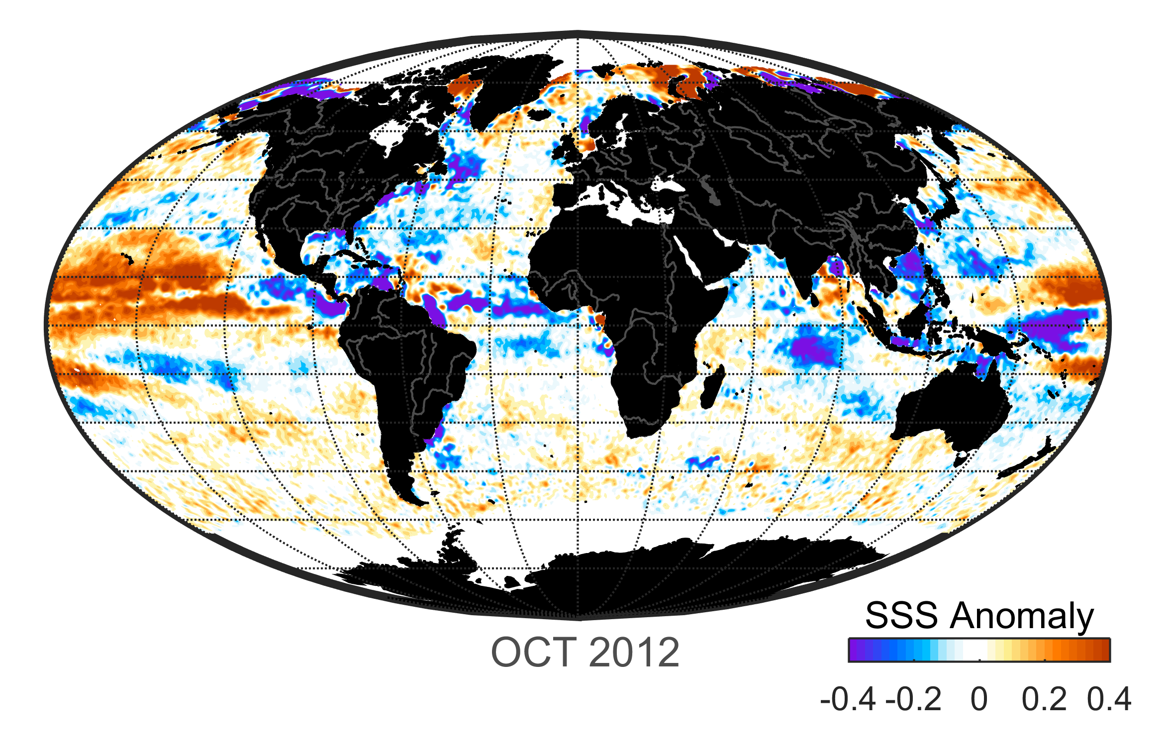 Global map of monthly sea surface salinity, October 2012.