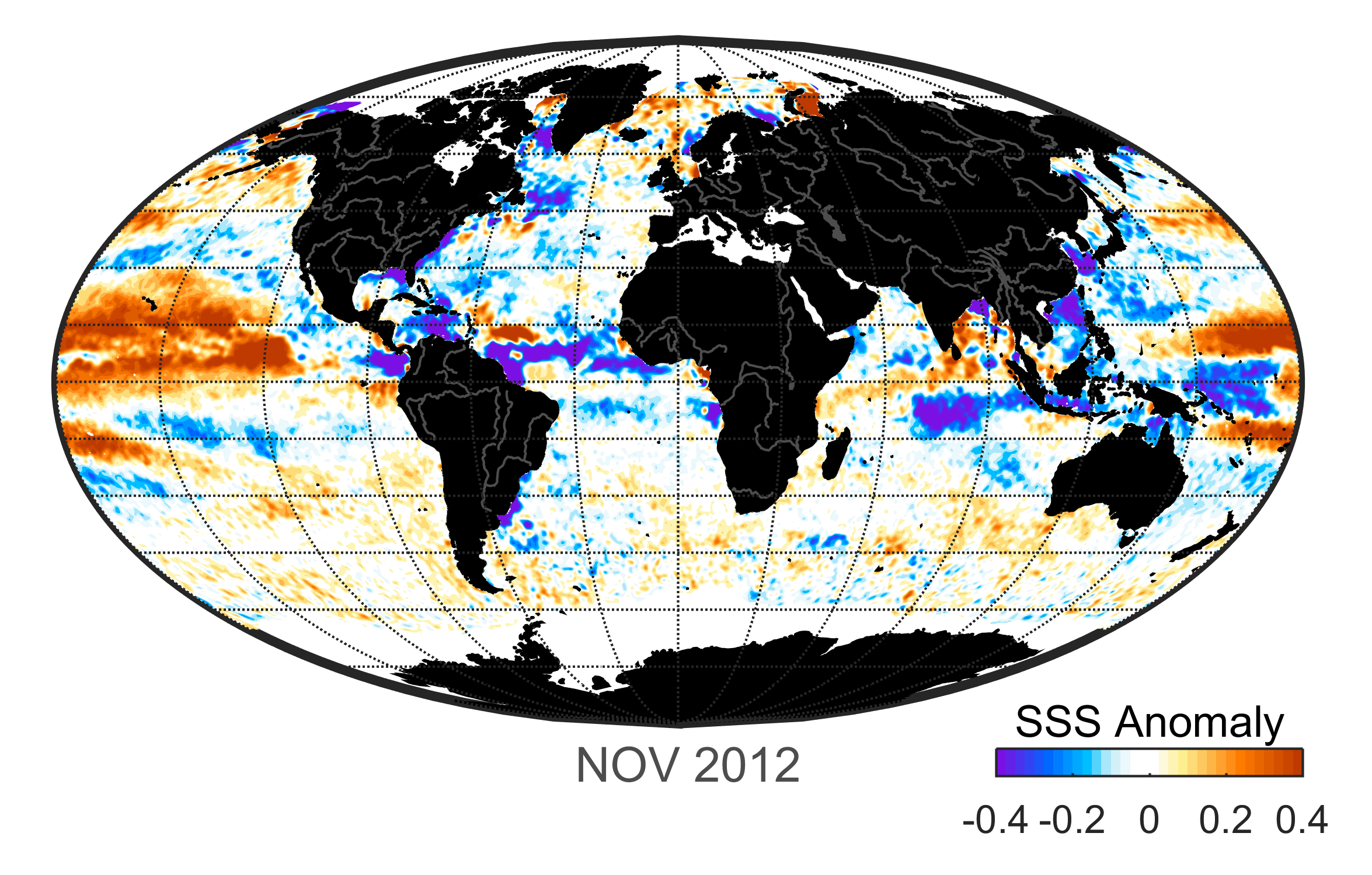 Global map of monthly sea surface salinity anomaly data, November 2012