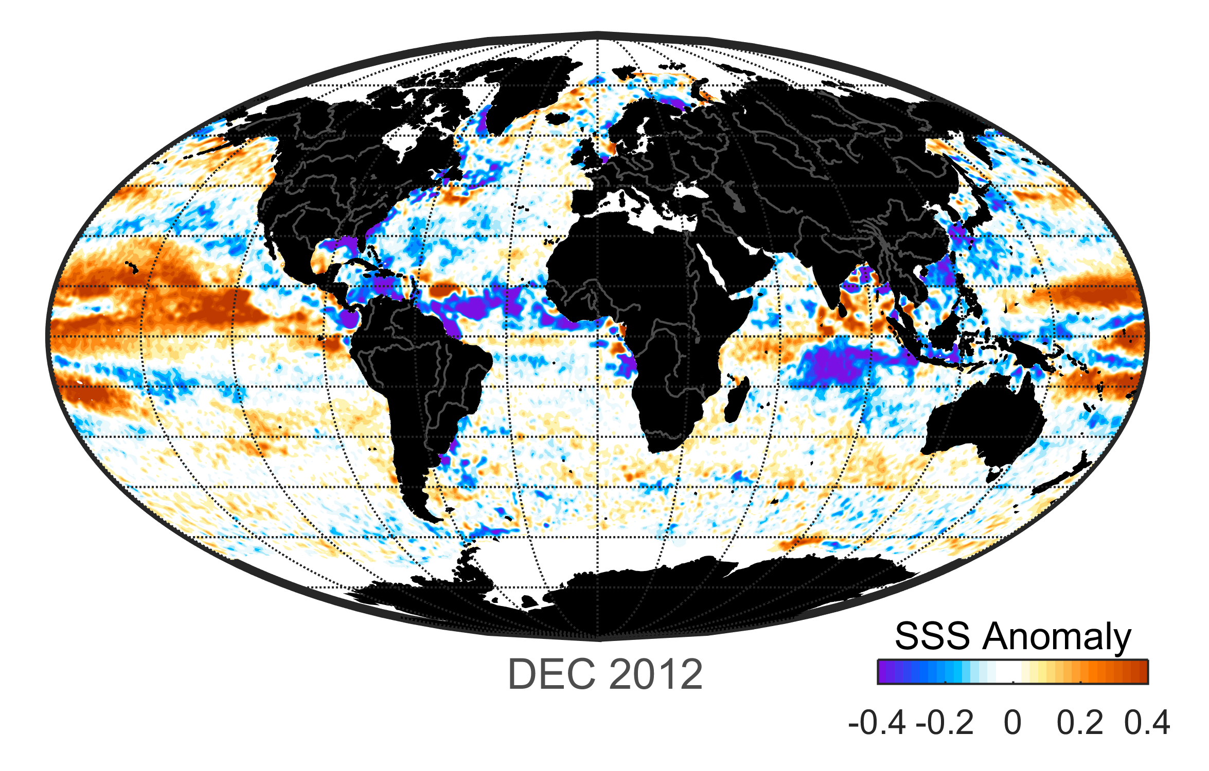 Global map of monthly sea surface salinity, December 2012.