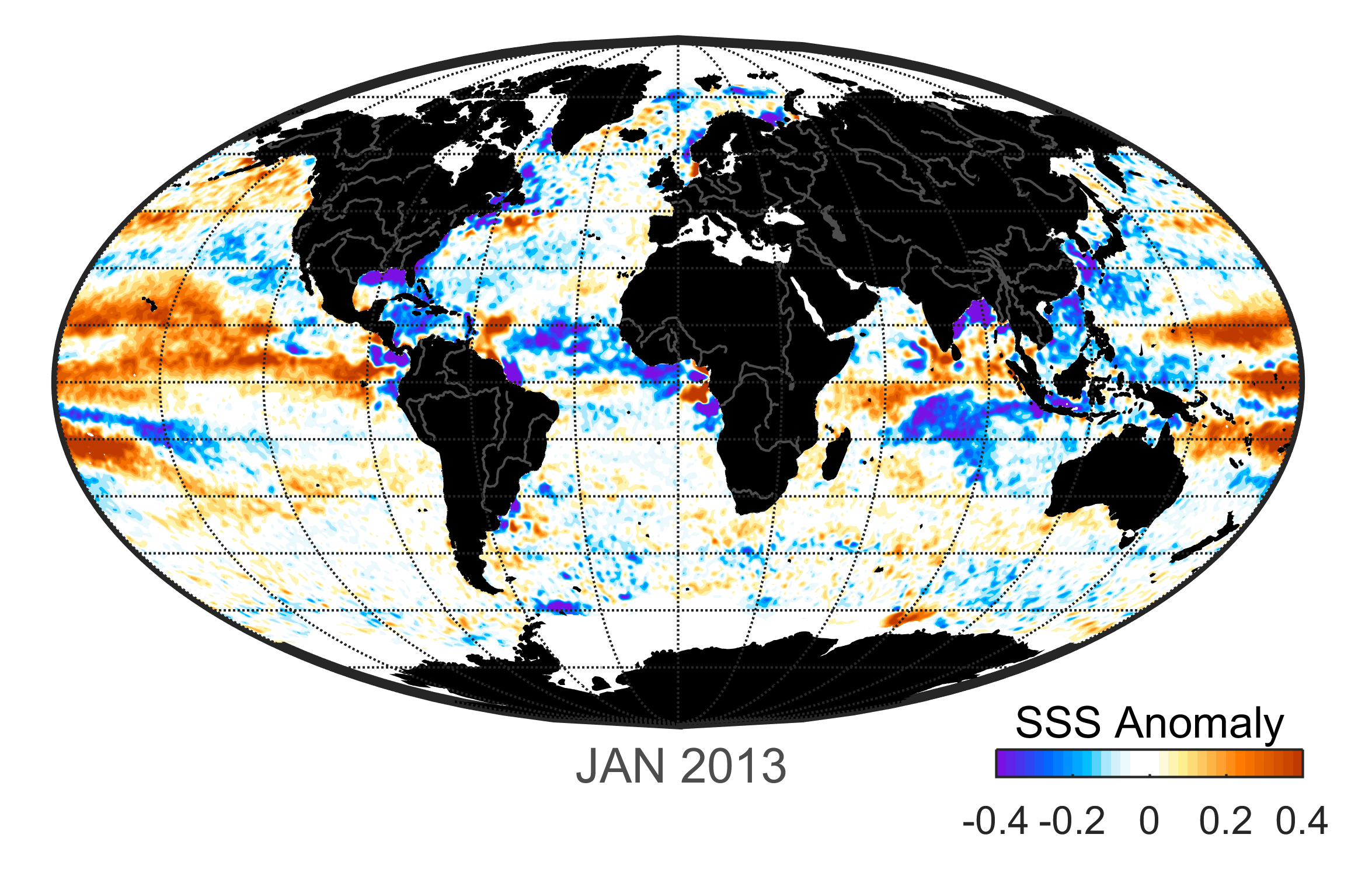 Global map of monthly sea surface salinity anomaly data, January 2013