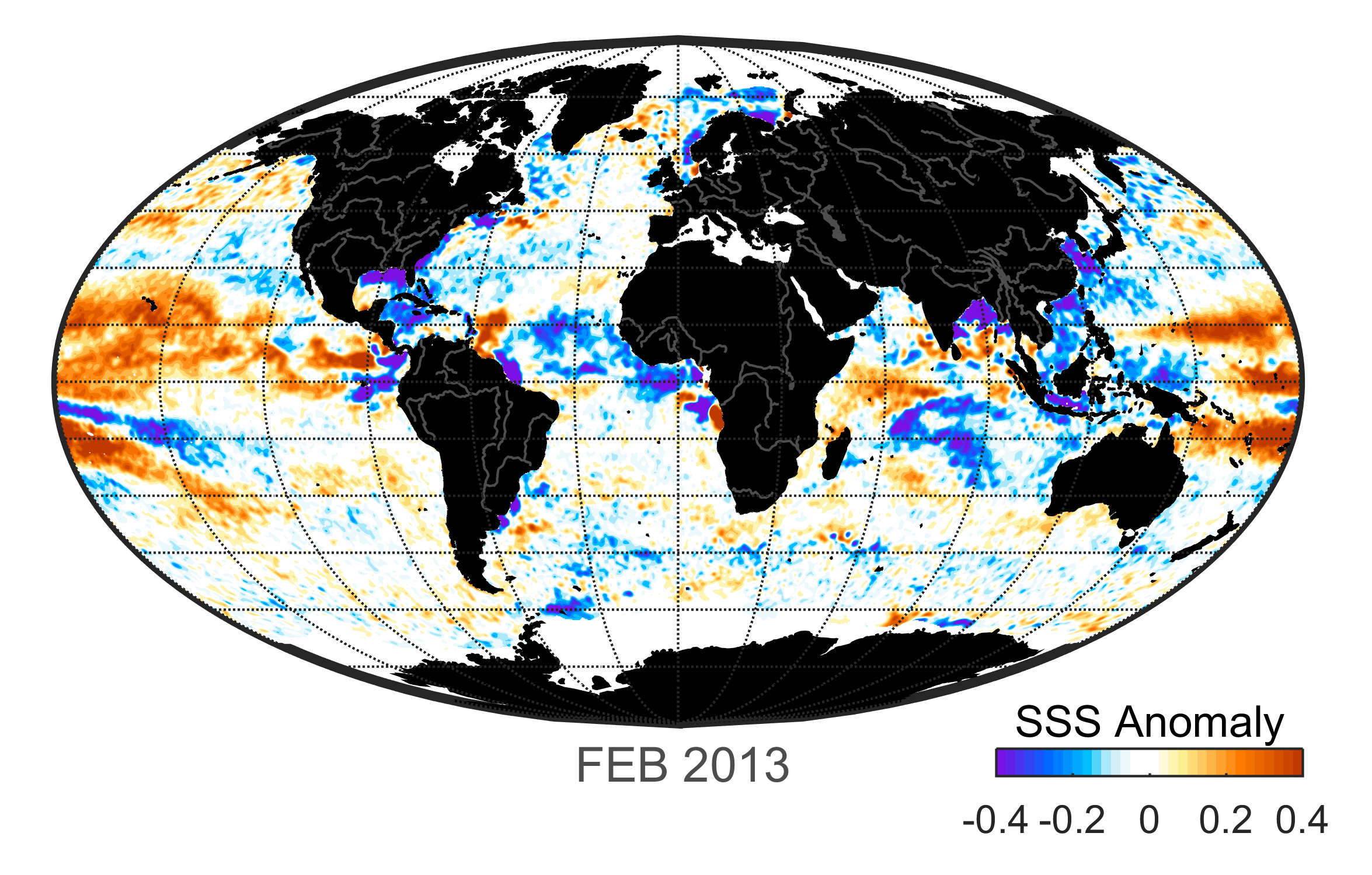 Global map of monthly sea surface salinity anomaly data, February 2013