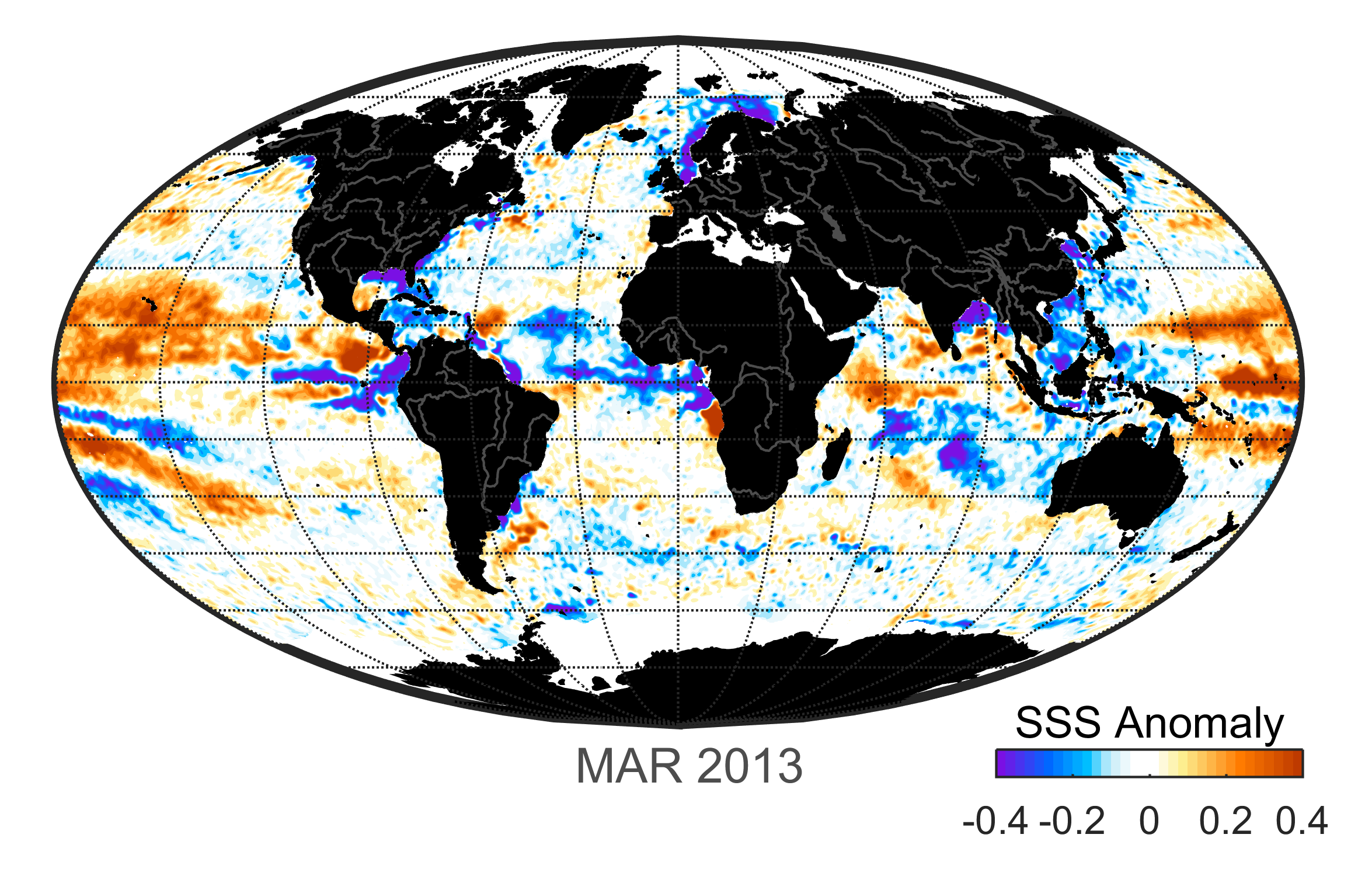 Global map of monthly sea surface salinity anomaly data, March 2013