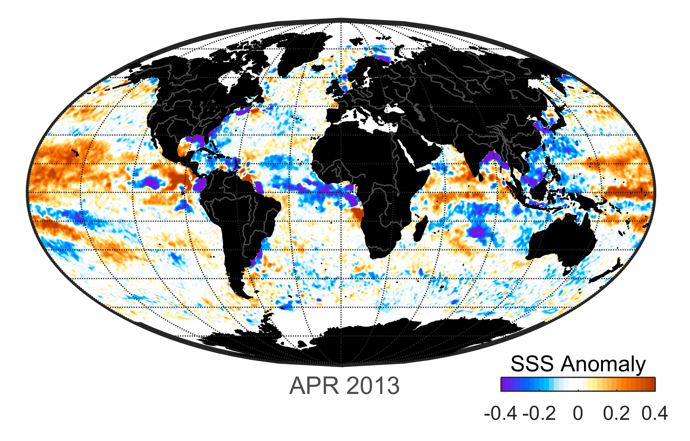 Global map of monthly sea surface salinity, April 2013.