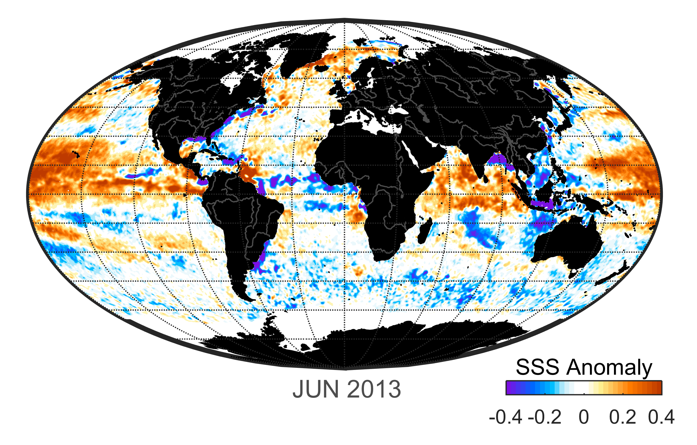 Global map of monthly sea surface salinity anomaly data, June 2013