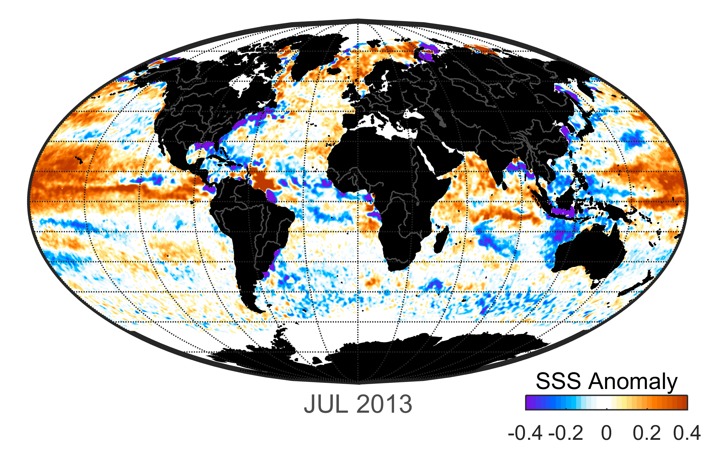 Global map of monthly sea surface salinity anomaly data, July 2013