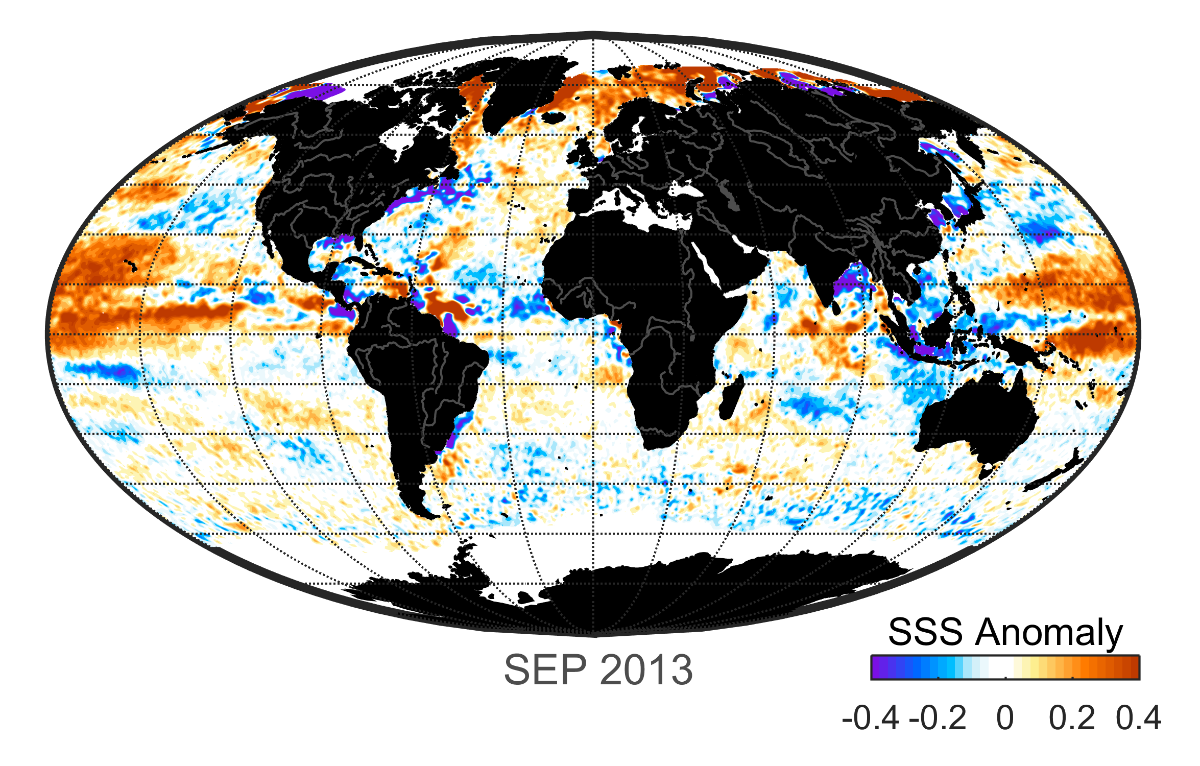 Global map of monthly sea surface salinity, September 2013.
