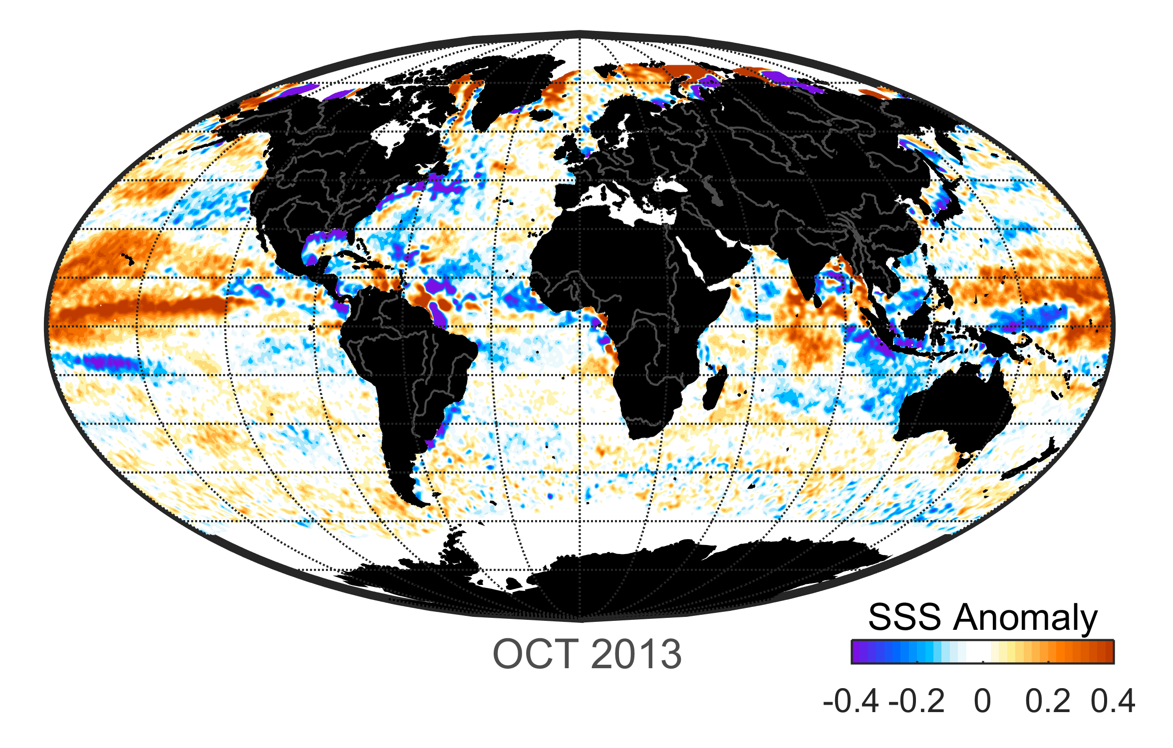 Global map of monthly sea surface salinity, October 2013.