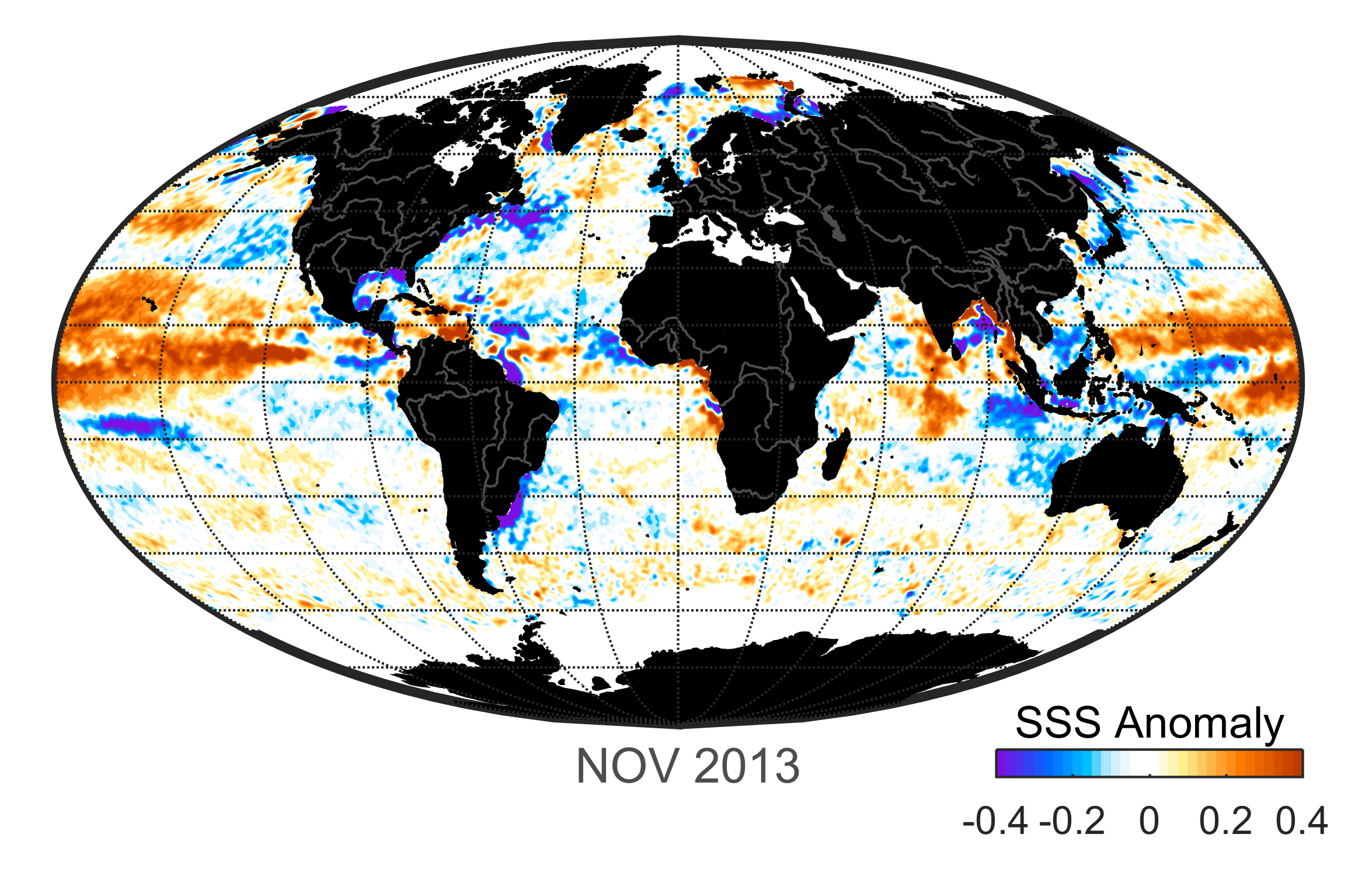 Global map of monthly sea surface salinity anomaly data, November 2013