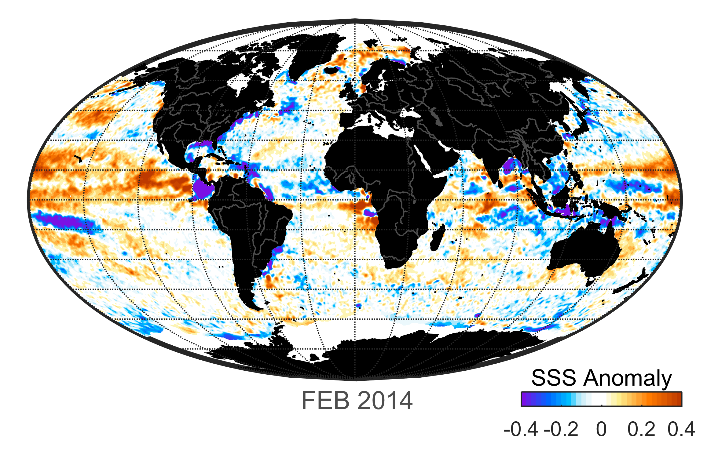 Global map of monthly sea surface salinity anomaly data, February 2014