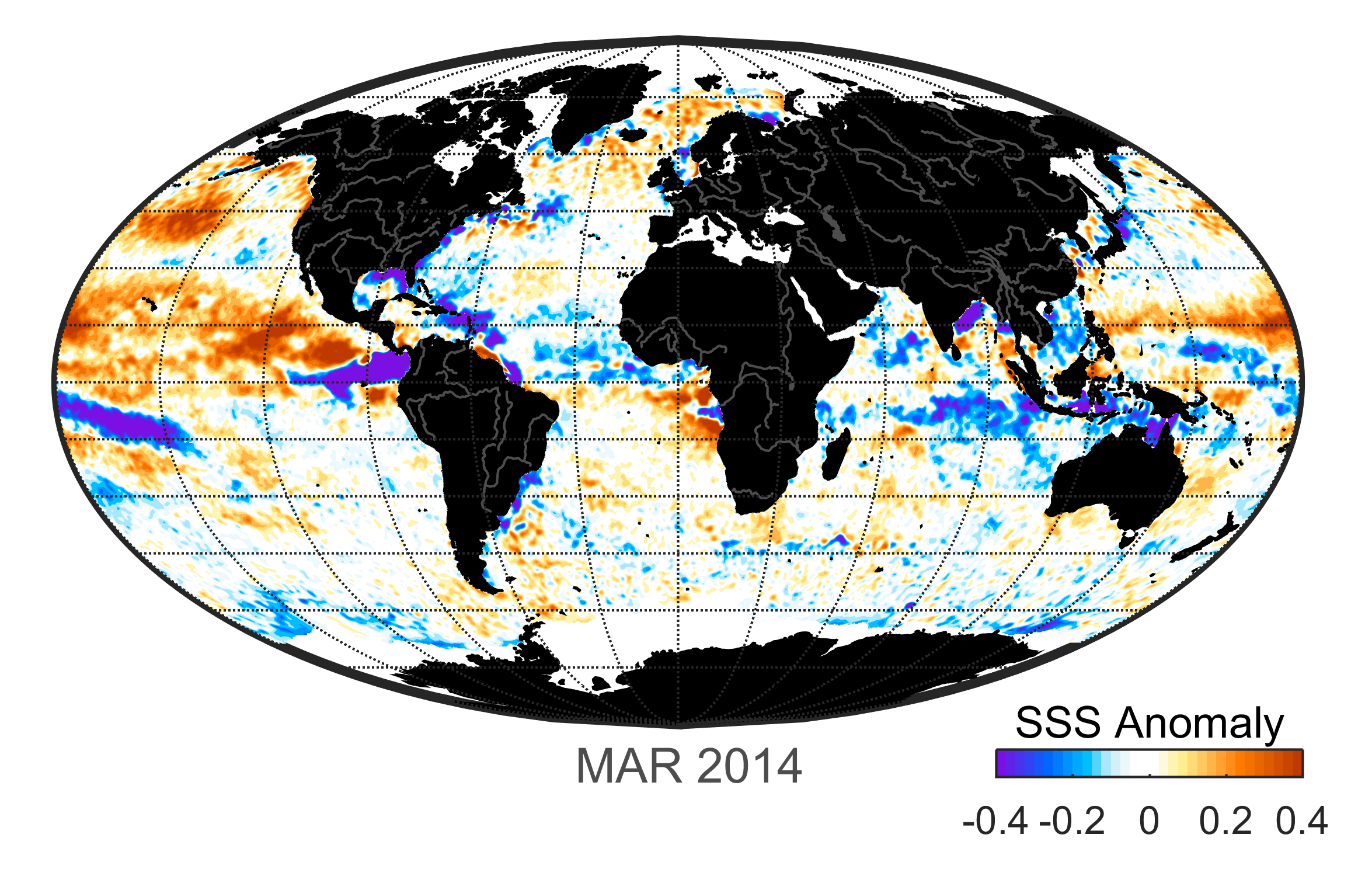 Global map of monthly sea surface salinity, March 2014.