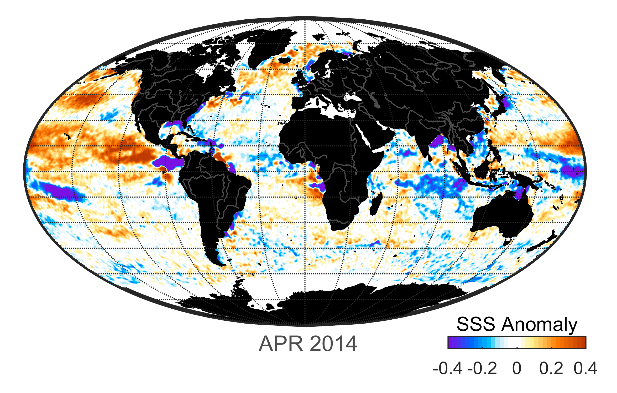 Global map of monthly sea surface salinity, April 2014.