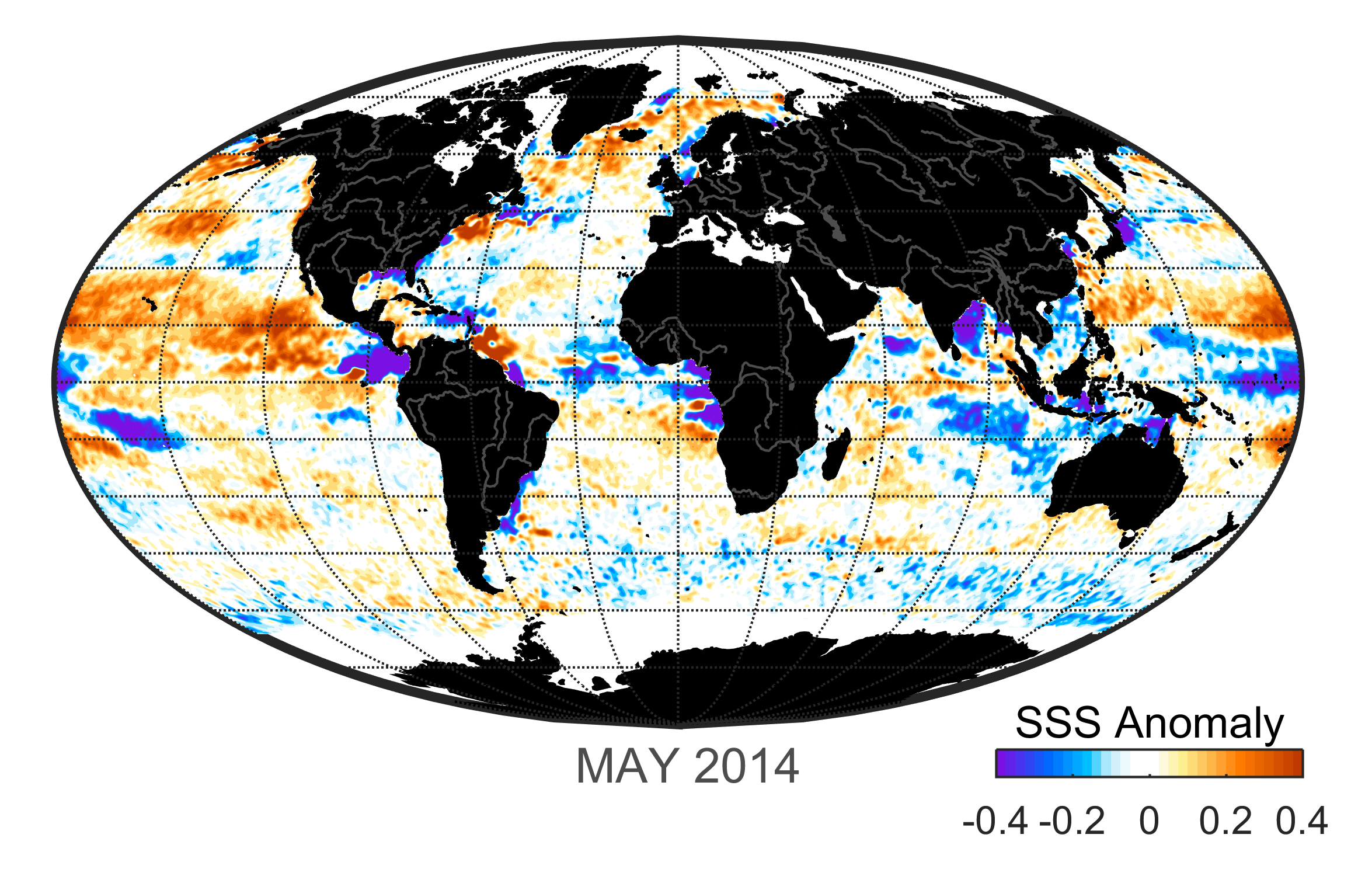 Global map of monthly sea surface salinity, May 2014.