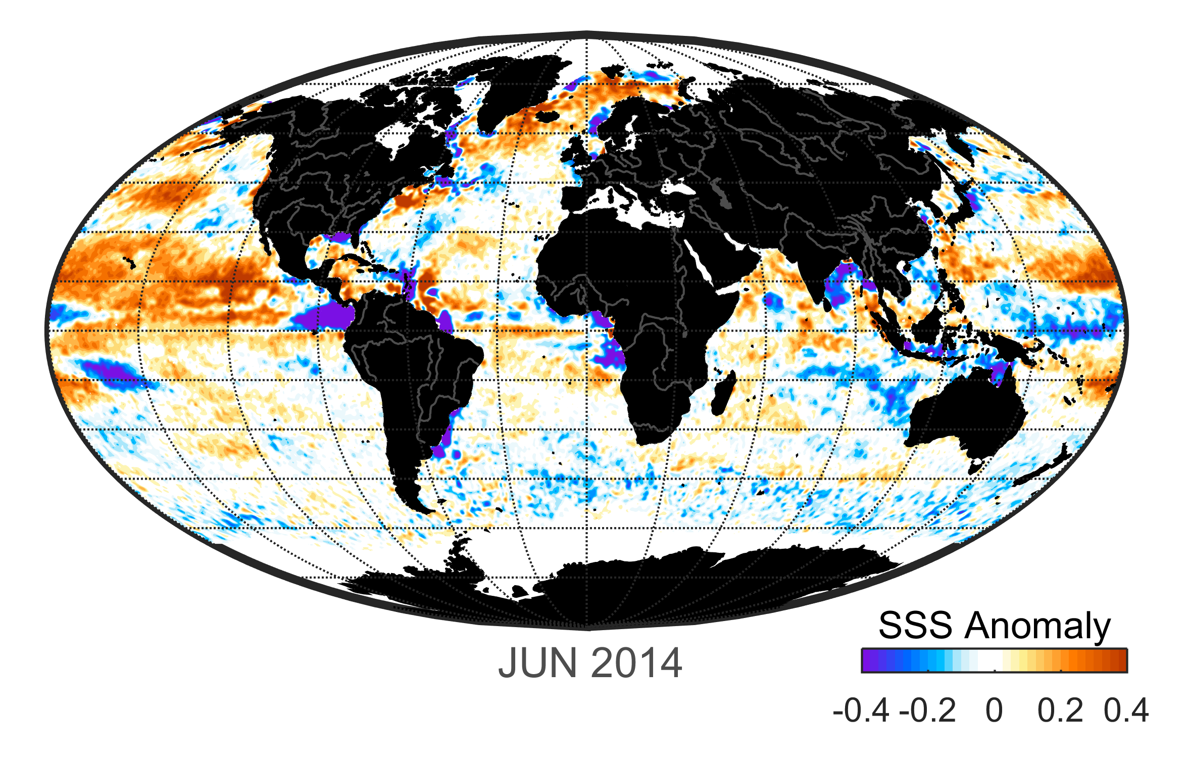 Global map of monthly sea surface salinity anomaly data, June 2014
