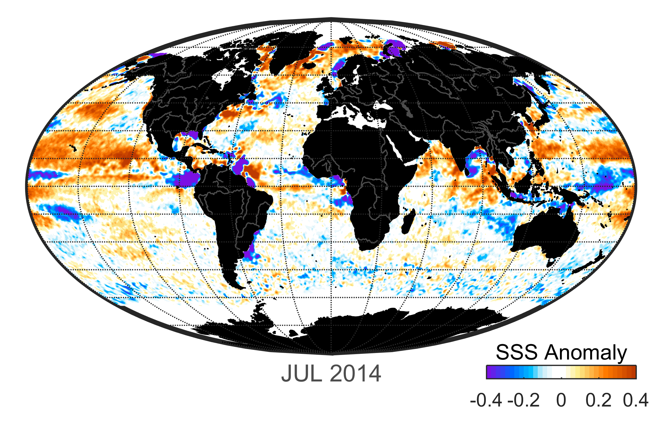 Global map of monthly sea surface salinity anomaly data, July 2014